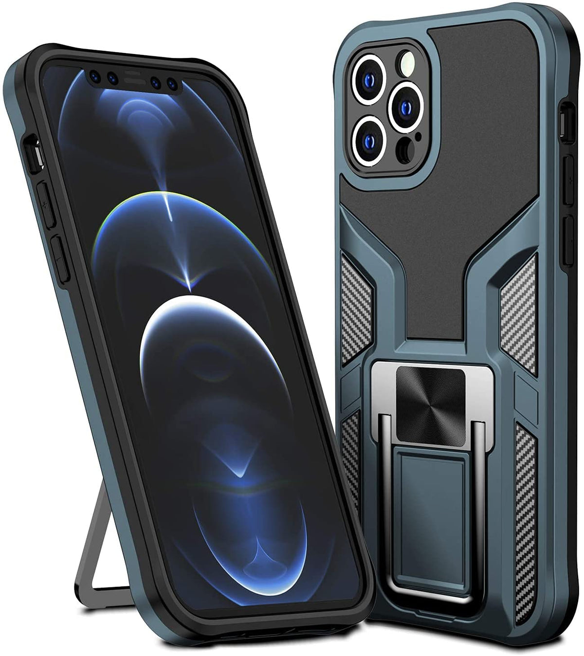 Marsrider Shockproof Iphone 12 Pro Max Case, [3 Stand Ways] [Matte Carbon Fiber Back & Soft Silicone Bumper], Slim Fit Non Slip