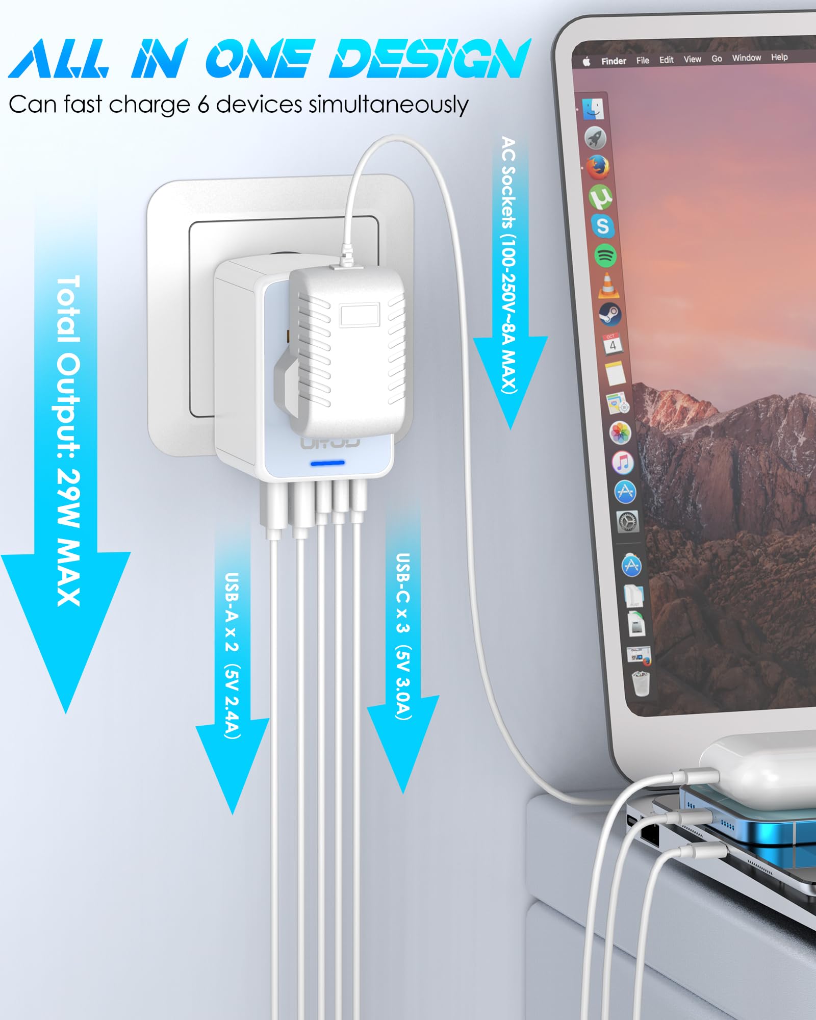 Urjd Universal Travel Adapter With 5 Usb Ports (3 Usb C) & Multi Ac Outlet, International Power Plug Adapter Converter Worldwide