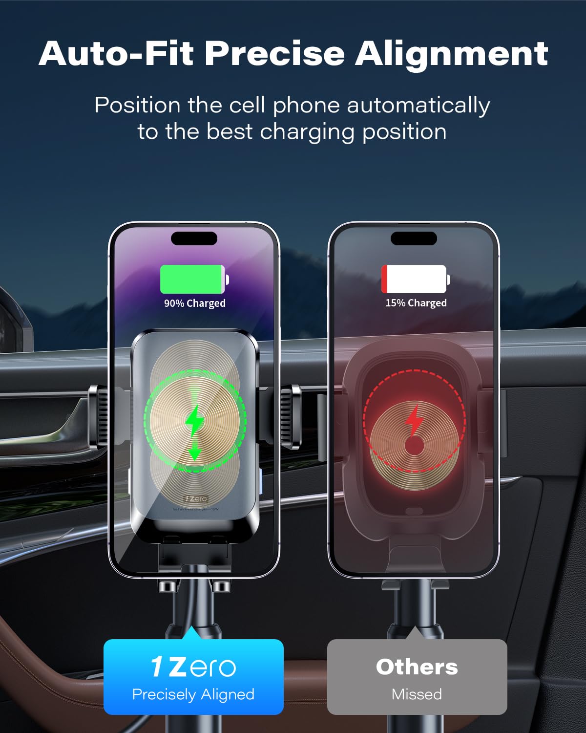 1Zero Auto Clamping Wireless Car Charger Sturdy Cup Phone Holder Mount 15W Fast Charging For Iphone 16 15 Pro Max Plus 14 13 12