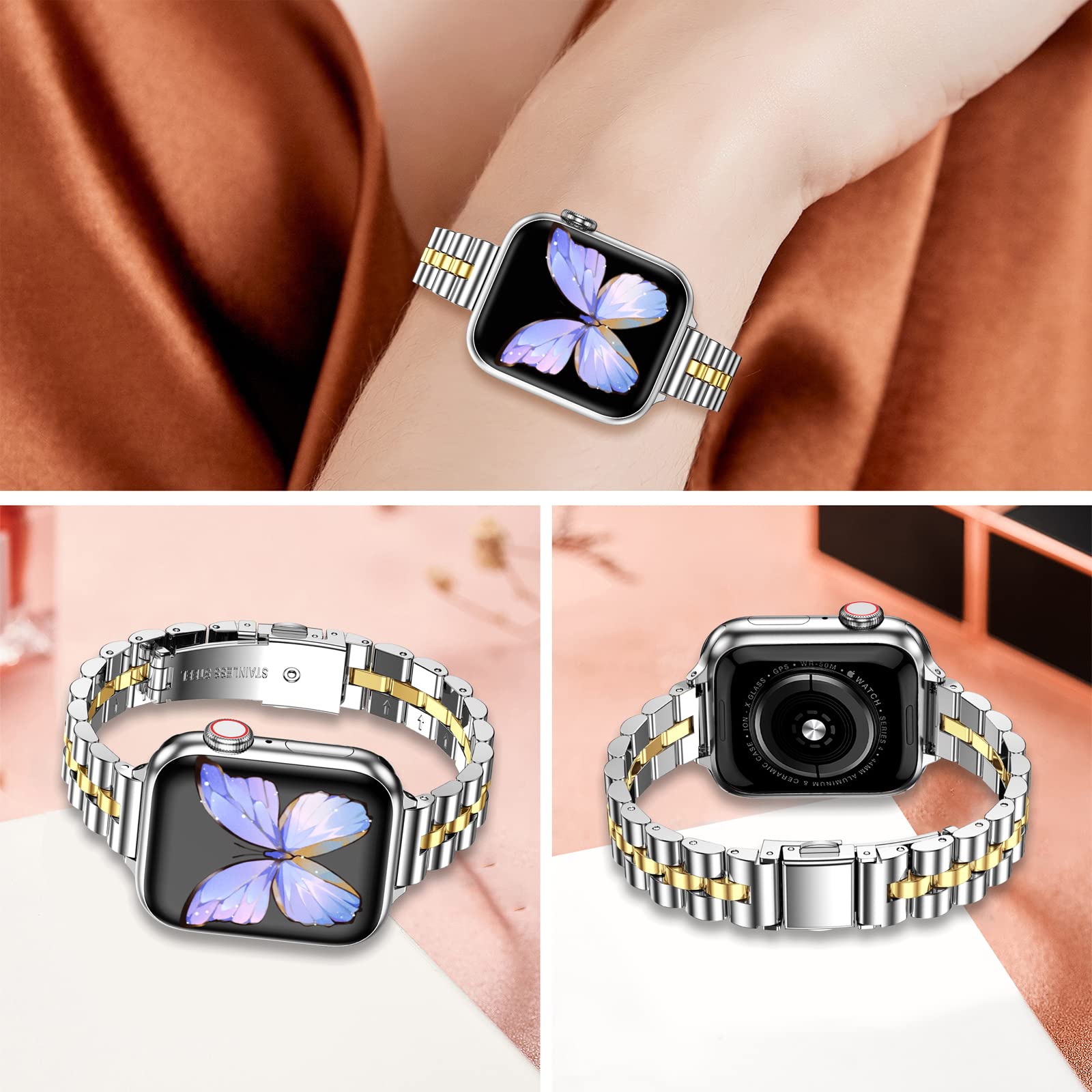 Miohhr Slim Band Compatible With Apple Watch Band 42Mm 44Mm 45Mm 49Mm,Thin Stainless Steel Metal Chain Strap For Women Iwatch Ba