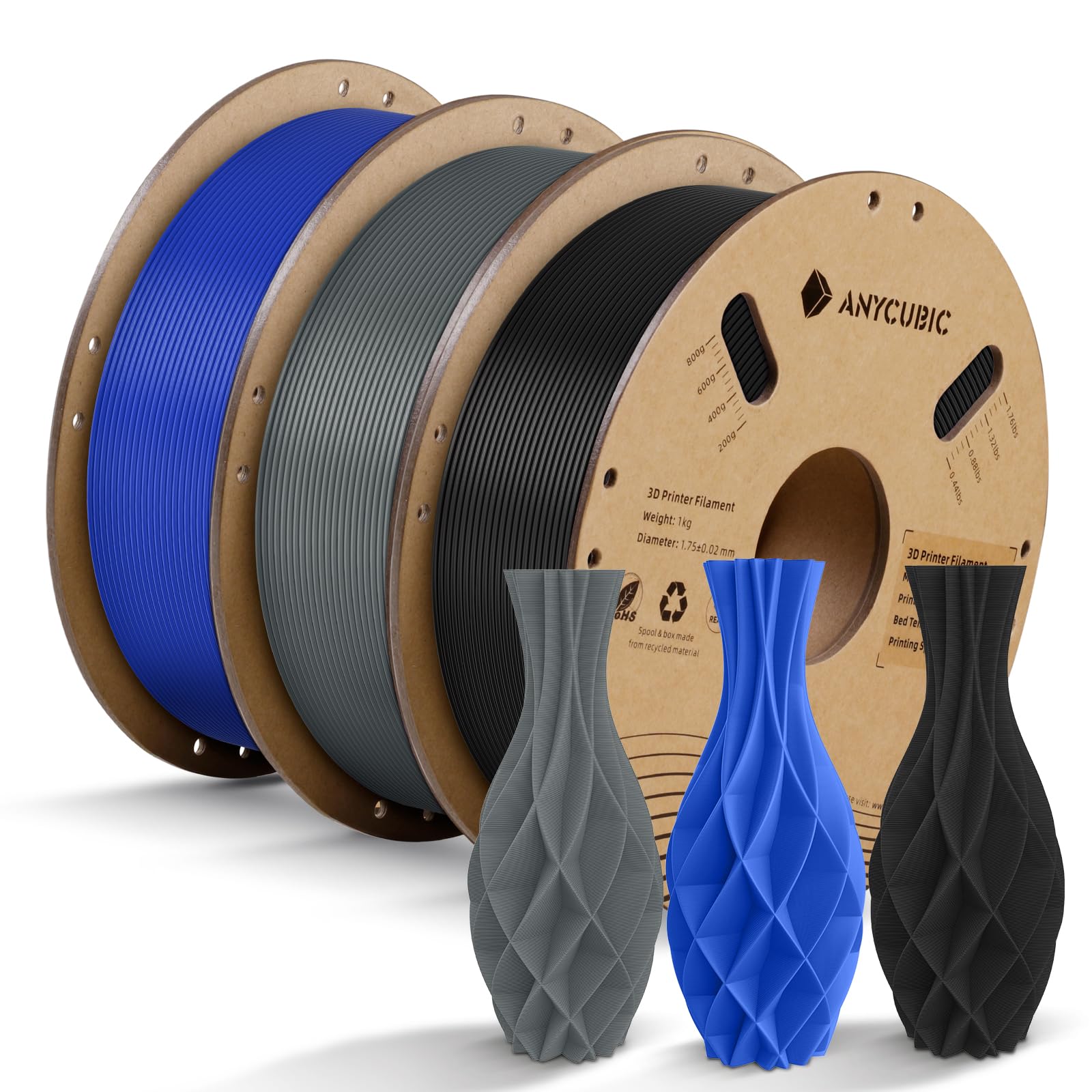 Anycubic Pla Filament 1.75Mm Bundle 3Kg, 3D Printing Pla Filament 1.75Mm Dimensional Accuracy +/  0.02Mm, 1Kg Spool (2.2 Lbs), 3
