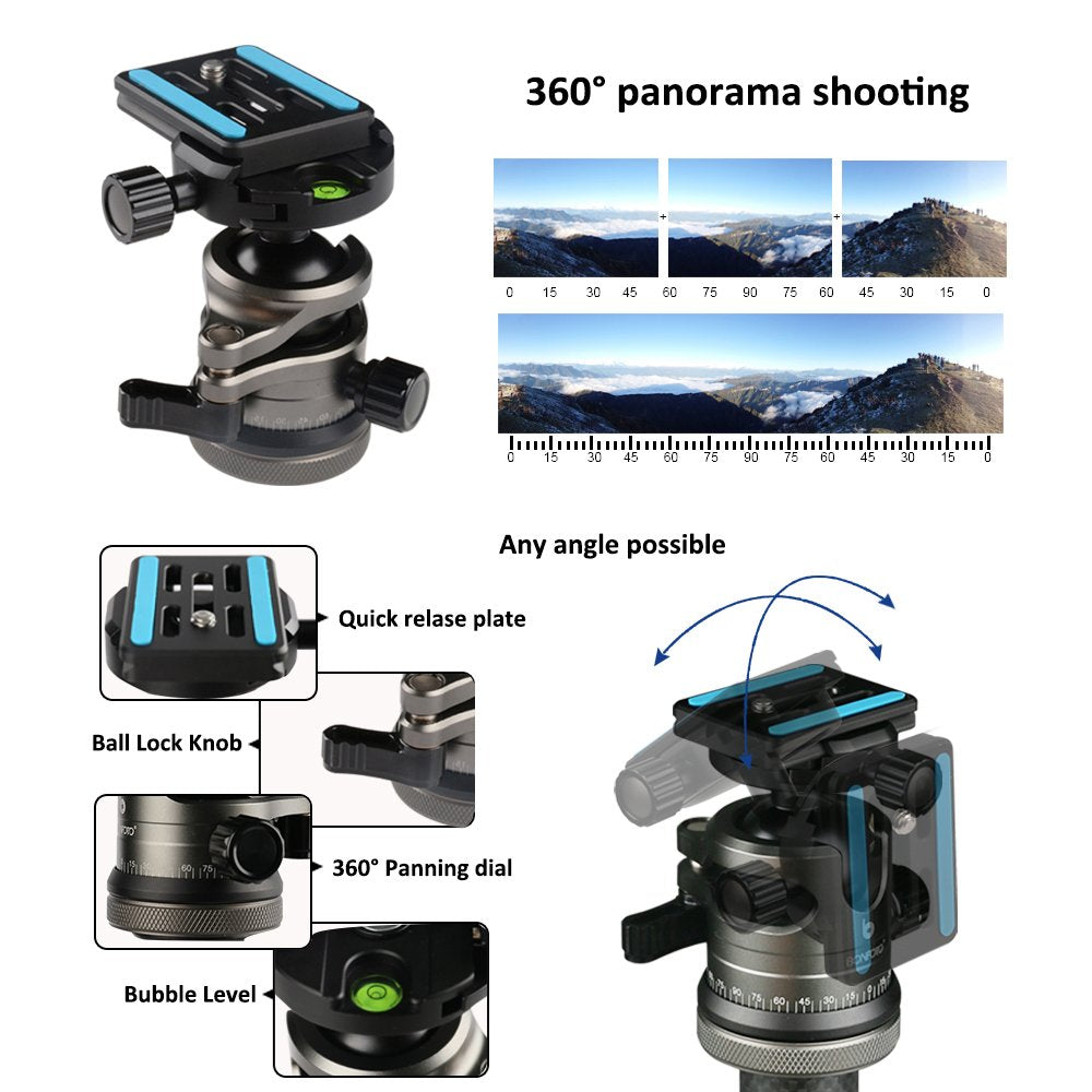 Bonfoto Portable Aluminum Alloy B674A Lightweight Camera Travel Tripod Monopod With Ball Head For Dslr (Bronze Grey)