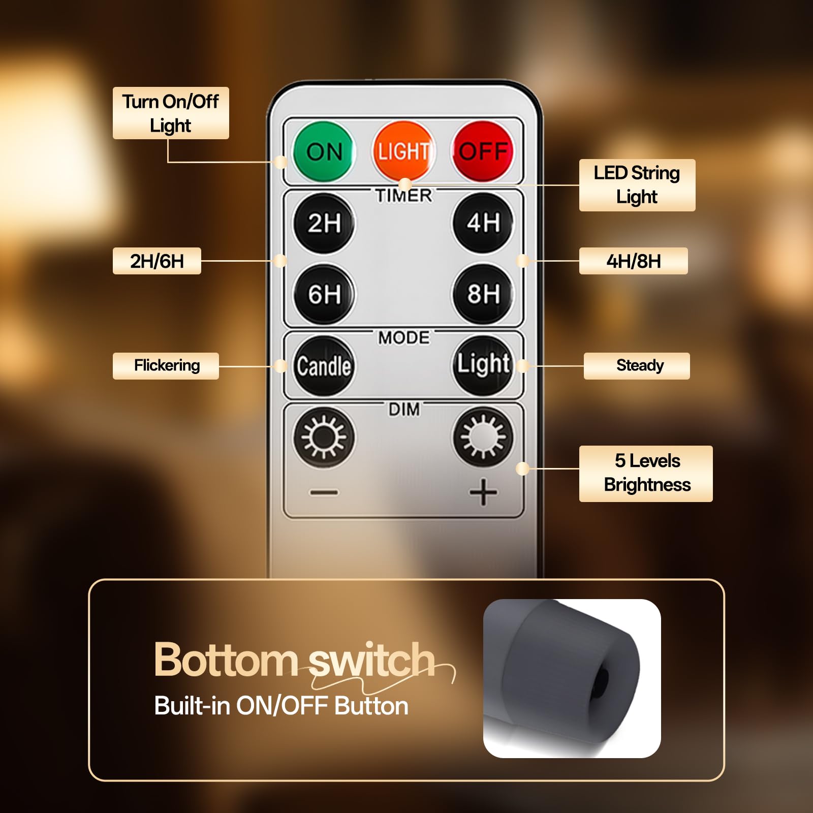 Rlojru 3Pcs Flameless Taper Candles Grey Black Battery Operated, With Embedded Fairy String Lights, Led Flickering Flame Candle,