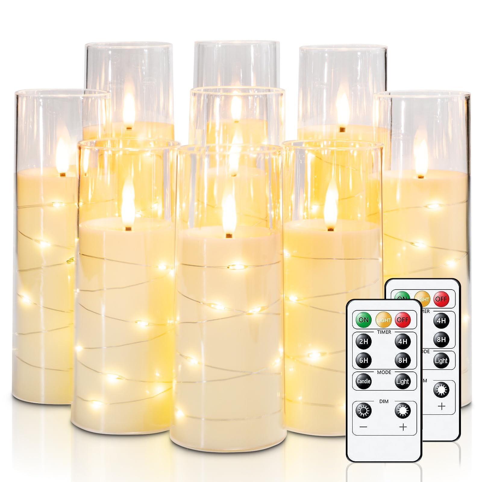 Raycare Flameless Led Candles With Embedded Star String, 9 Pcs Battery Operated Acrylic Pillar Candles With Timer And Remote, Fl