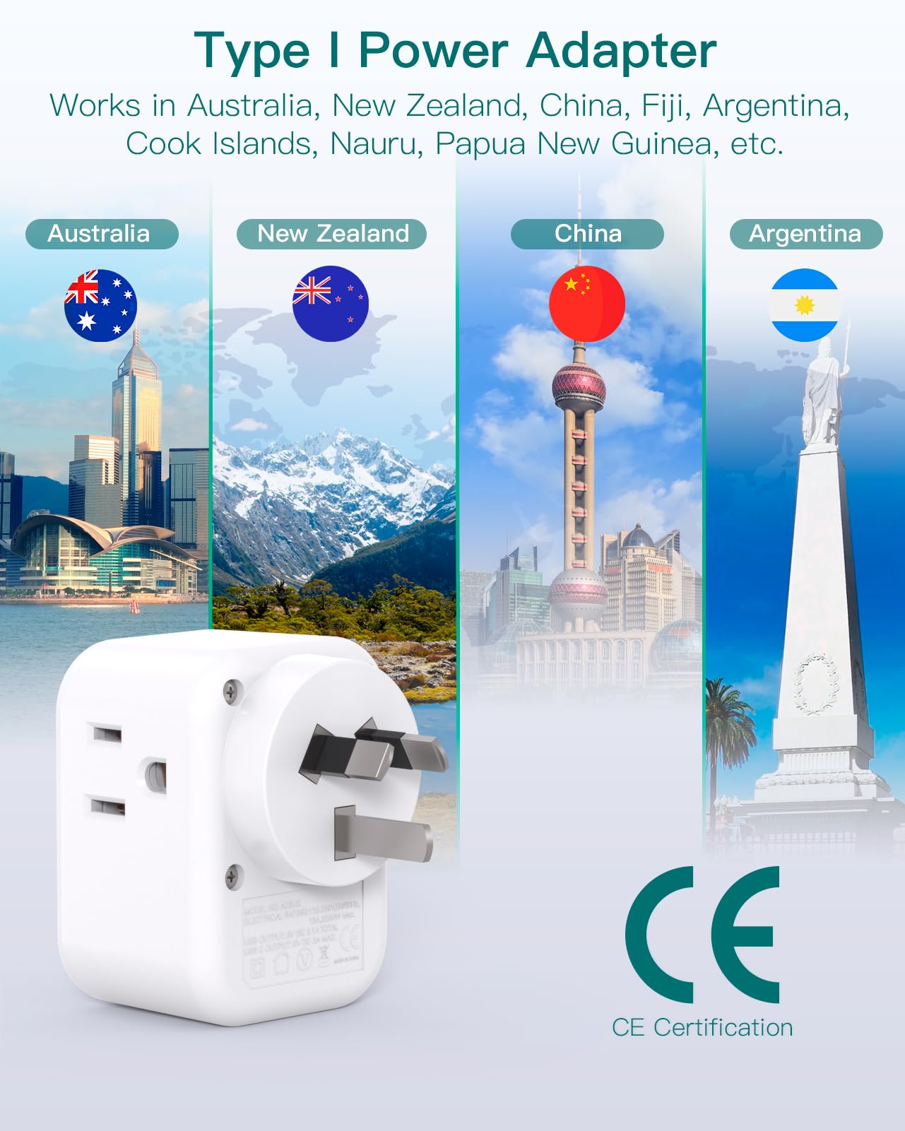 Addtam Australia New Zealand Power Plug Adapter, 3 US Outlets, 3 USB Ports (1 USB C), Type I, White, Model AD3UTAU
