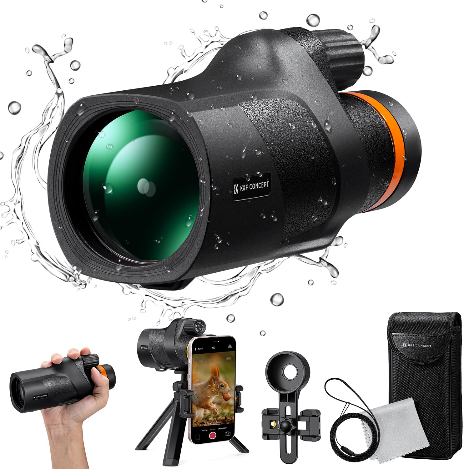 K&F Concept 80X100 Monocular Telescope For Adults Ip68 Waterproof High Powered With Smartphone Adapter & Tripod, With Bak4 Prism