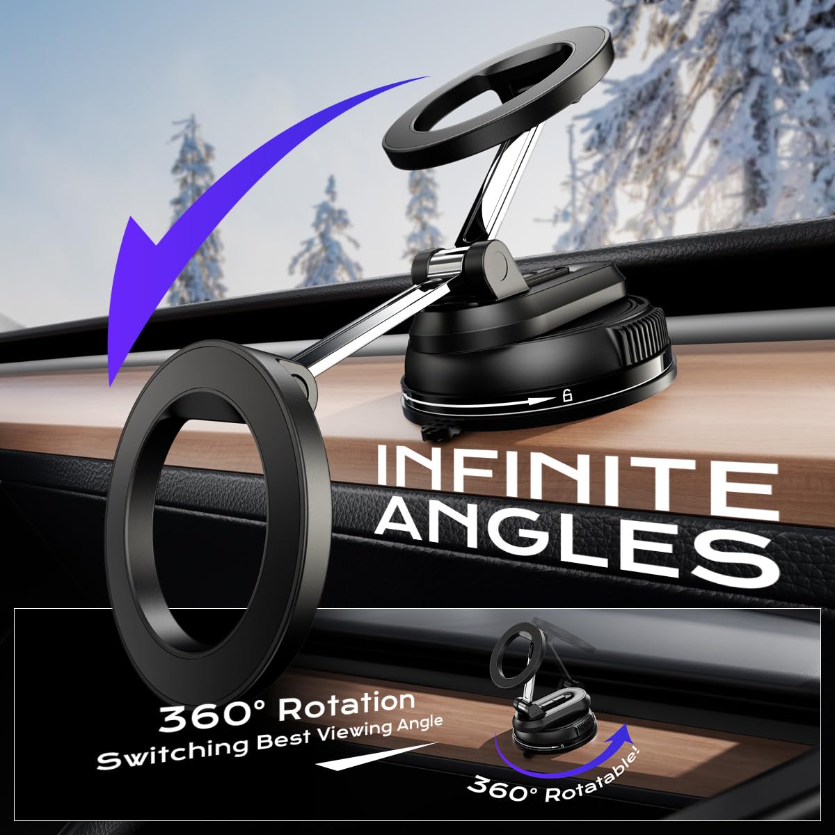 Magnetic Car Phone Holder,360 Rotation Strong Suction Car Phone Mount Detachable Vacuum Suction Phone Holder Foldable Cellphone