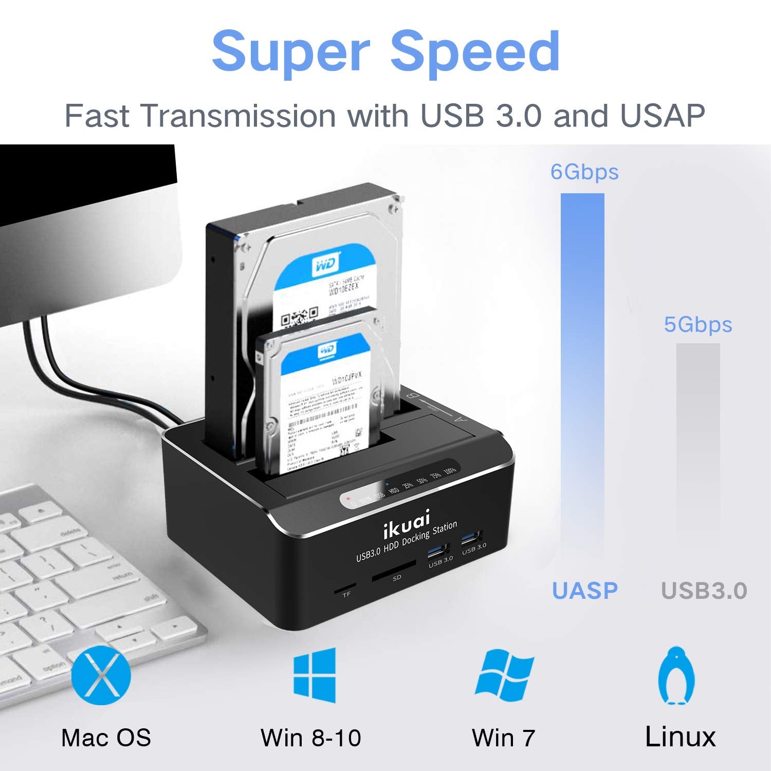 ikuai SATA to USB 3.0 Dual Bay Dock for 2.5"/3.5" HDD SSD, Aluminum, Black, Model RSH-DS02, 2 USB Ports,