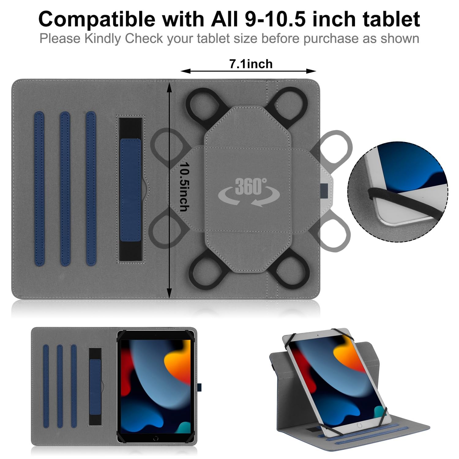 Universal 9 10 10.1 Inch Android Tablet Case,Slim 360 Degree Rotatable Back Cover Folio Case For Universal 9 11 Inch Tablet, Wit