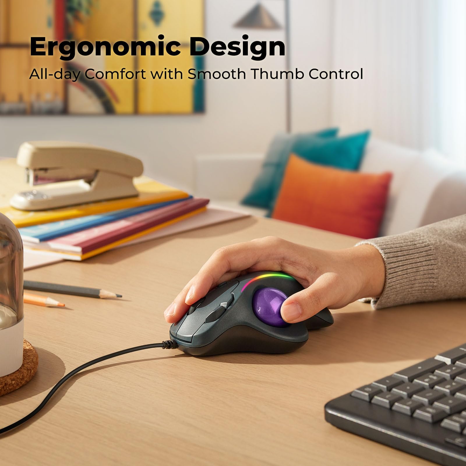 Trackball Mouse Wired, Ergonomic Comfort Design Reduces Muscle Strain, Usb Plug&Play, Easy Thumb Control, Precision Tracking Wit