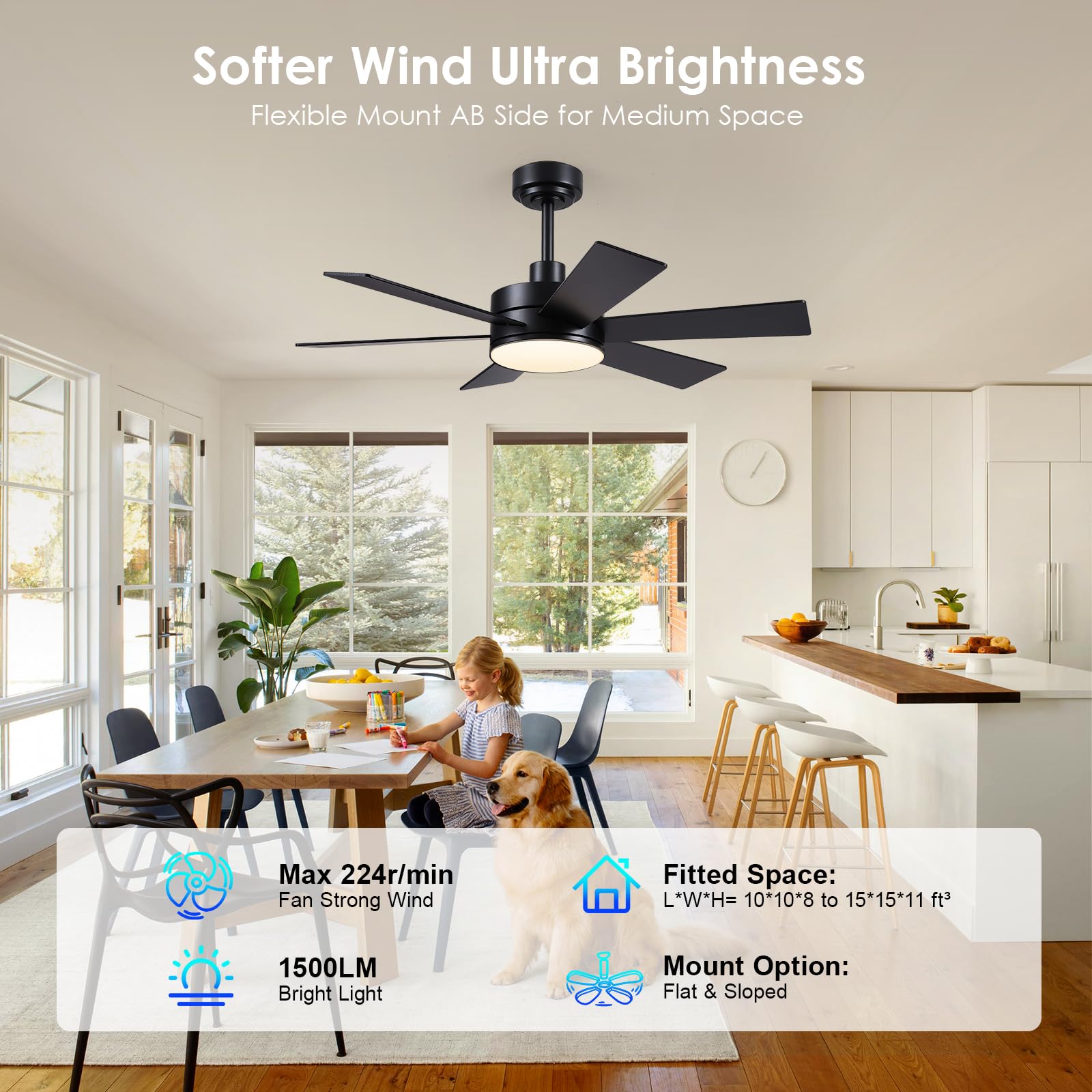 42 Inch Ceiling Fans With Lights, Black Ceiling Fan With Remote App, Dual Sided Modern/Rustic 6 Blades, Reversible, 3Cct, Sloped