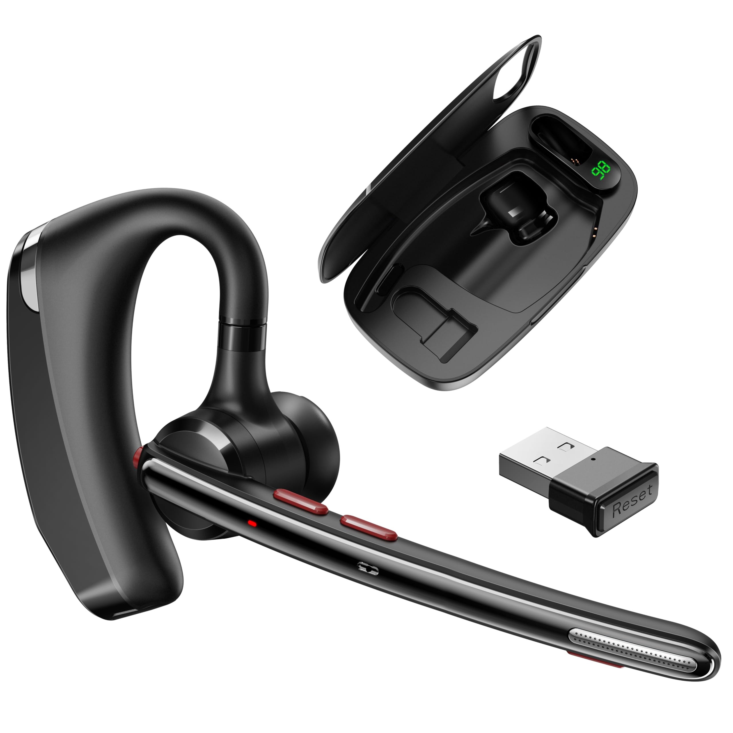 COMEXION Bluetooth Headset V5.3, Wireless Headset with Dual NoiseCanceling Mics, Portable Charging Case, 300H Standby Time, Han