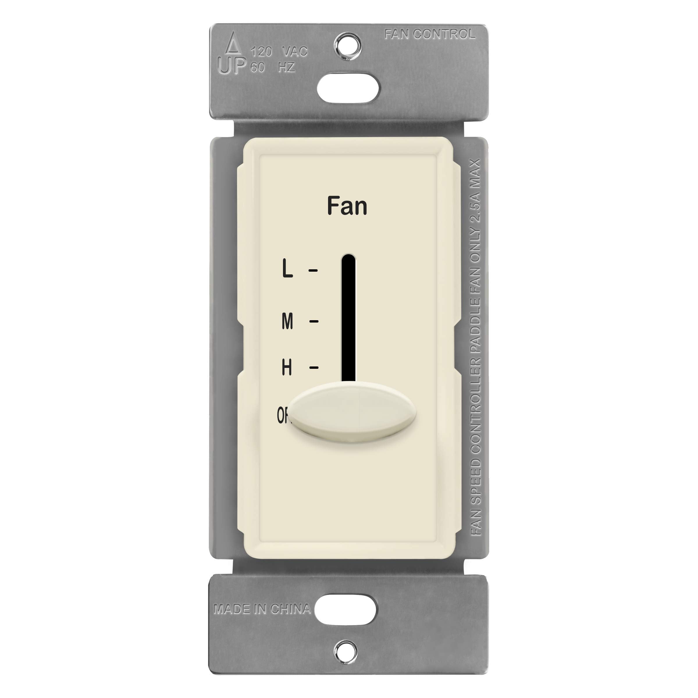 Enerlites 3 Speed In Wall Ceiling Fan Control, Slide Switch, 120Vac, 2.5A, Single Pole, No Neutral Wire Required, 17000 F3 La F,