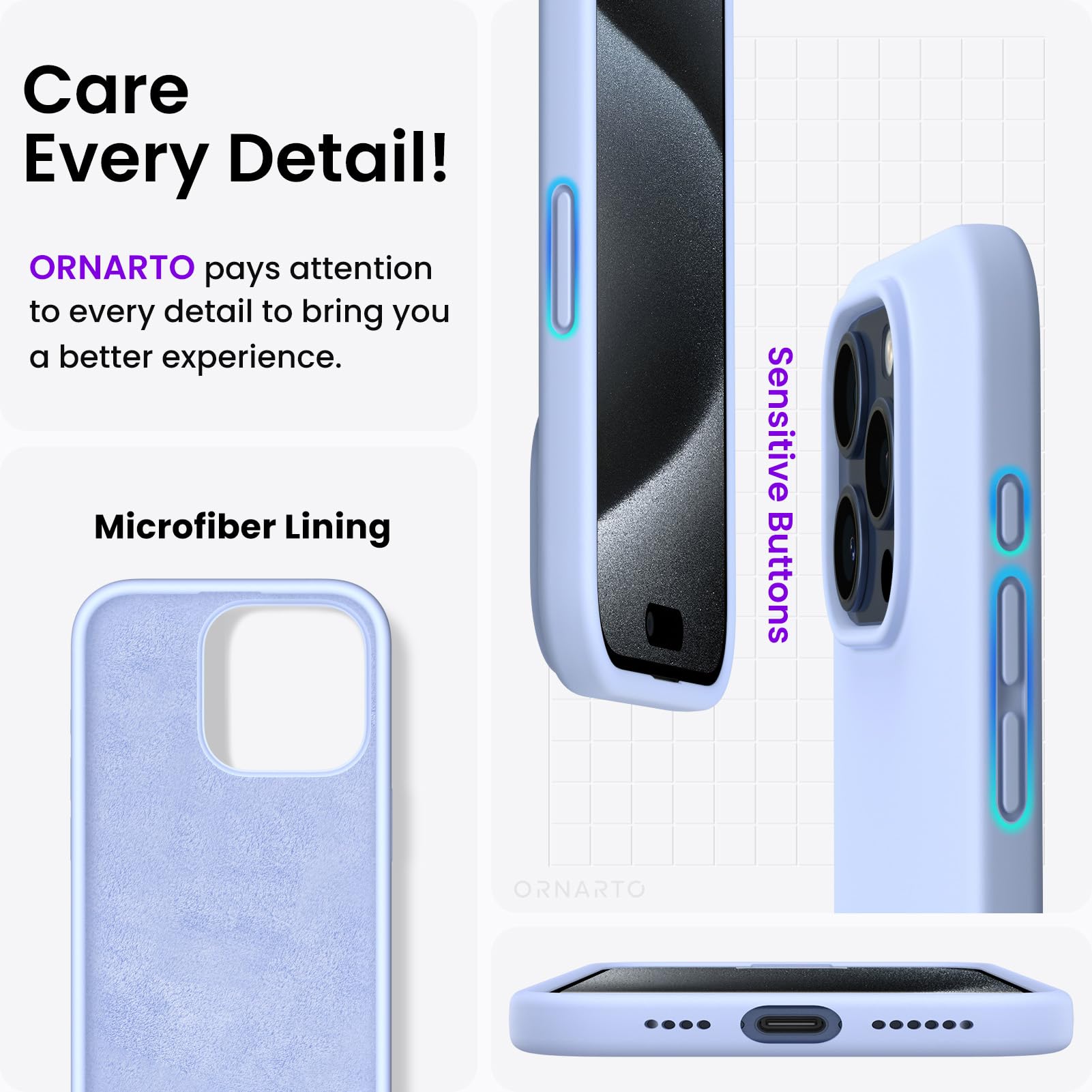 Ornarto Compatible With Iphone 15 Pro Max Case 6.7'', Slim Liquid Silicone 3 Layers Soft Gel Rubber Shockproof Protective Phone