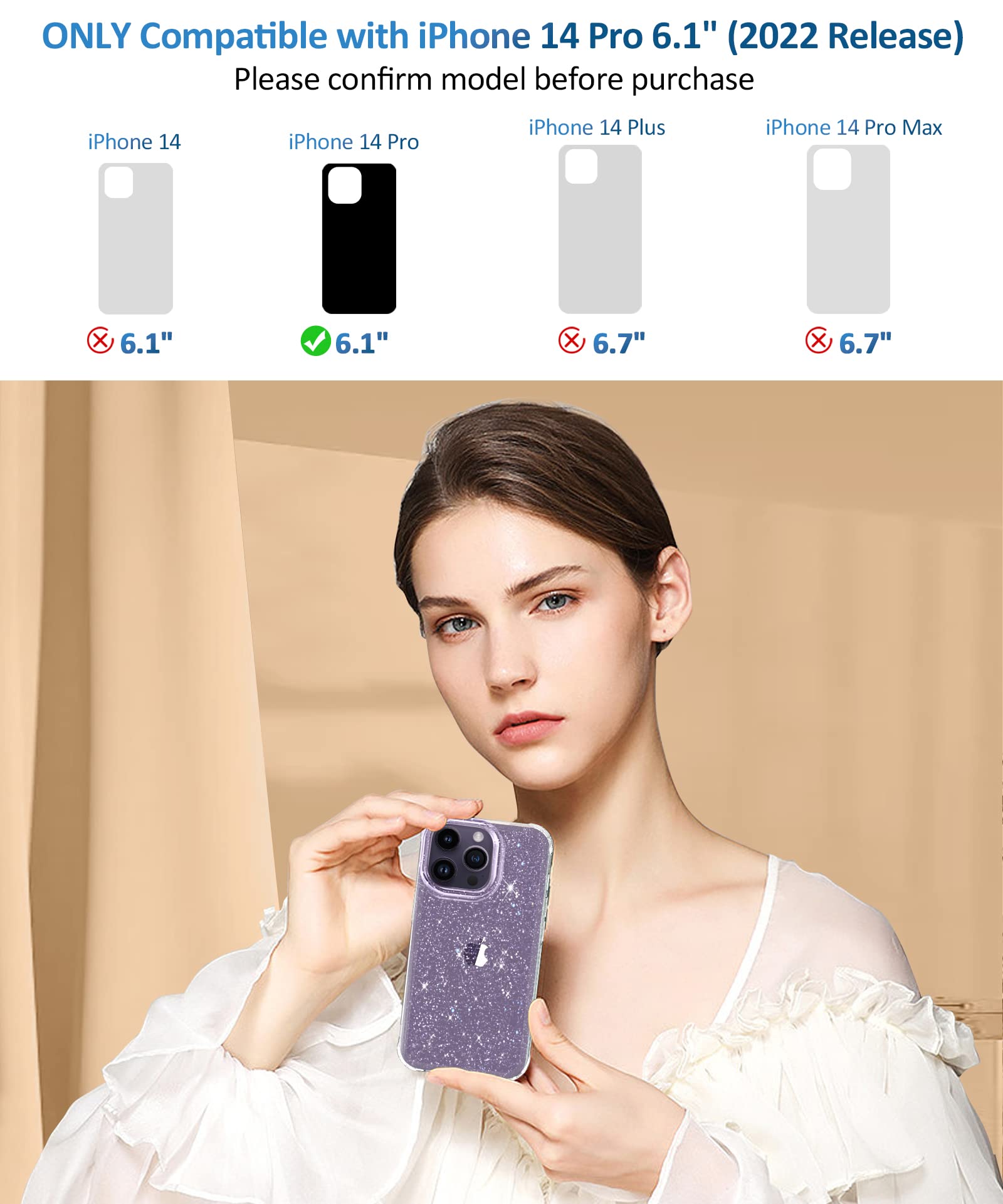 Miodik For Iphone 14 Pro Case With Screen Protector + Camera Lens Protector, [Non Yellowing] Clear Glitter Phone Case, Shockproo