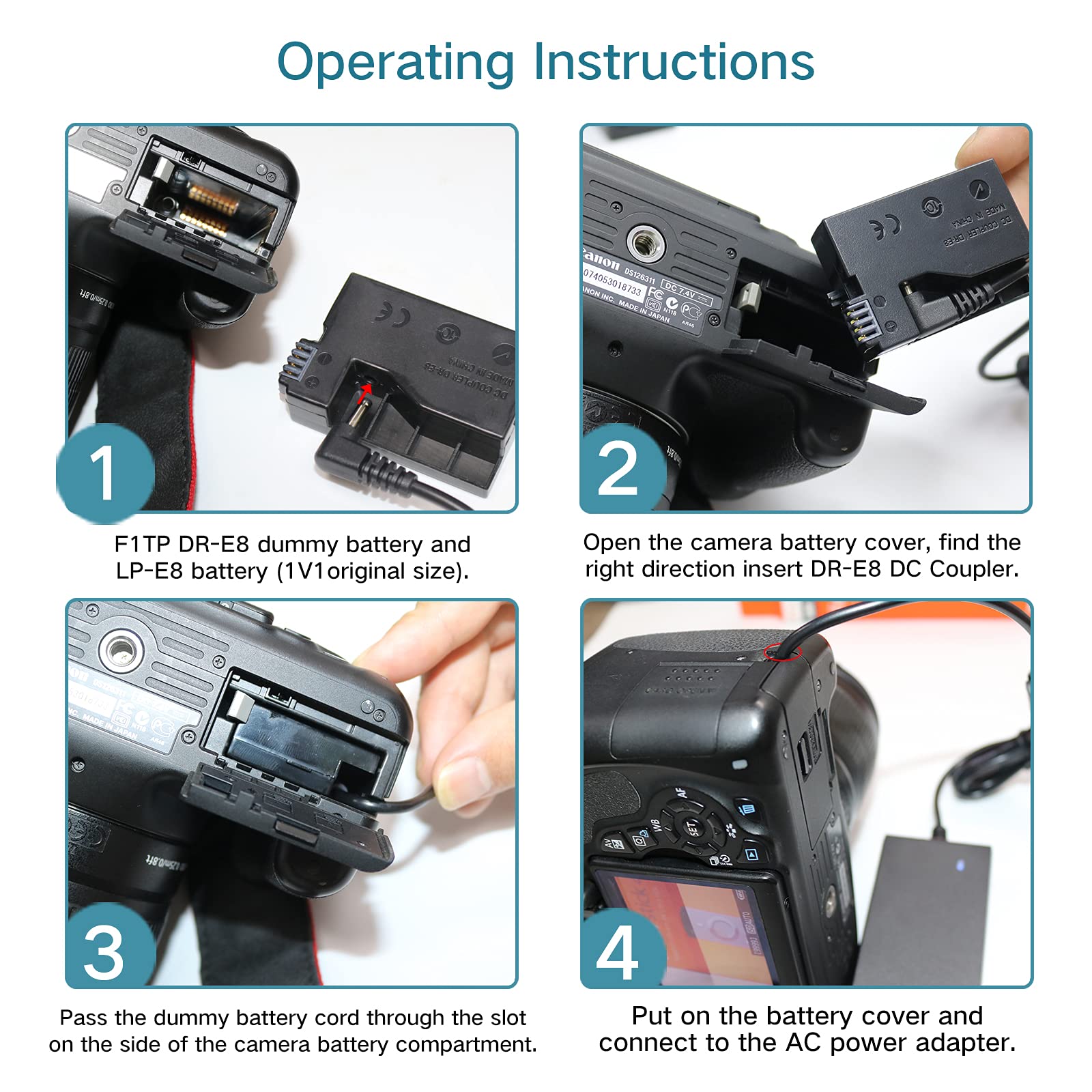 F1Tp Ack E8 Ac Power Adapter Dr E8 Dc Coupler Kit Replace Lp E8 Battery For Canon Eos Rebel T5I T4I T3I T2I 700D 650D 600D 550D Cameras
