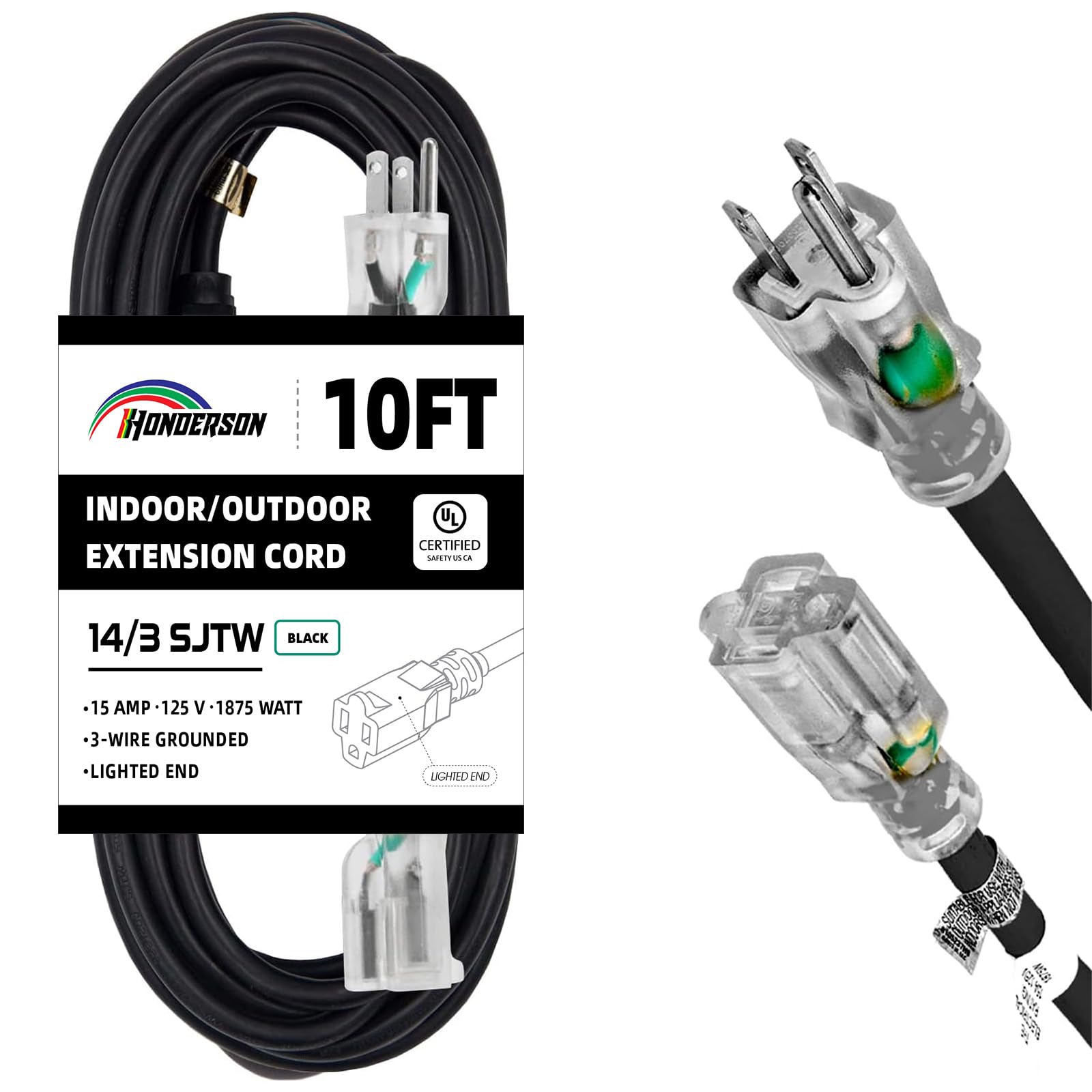 Honderson Indoor Outdoor Extension Cord Weatherproof With Lighted End, Ul Listed, 14 Gauge 10Ft Black 3 Prong Heavy Duty Extensi