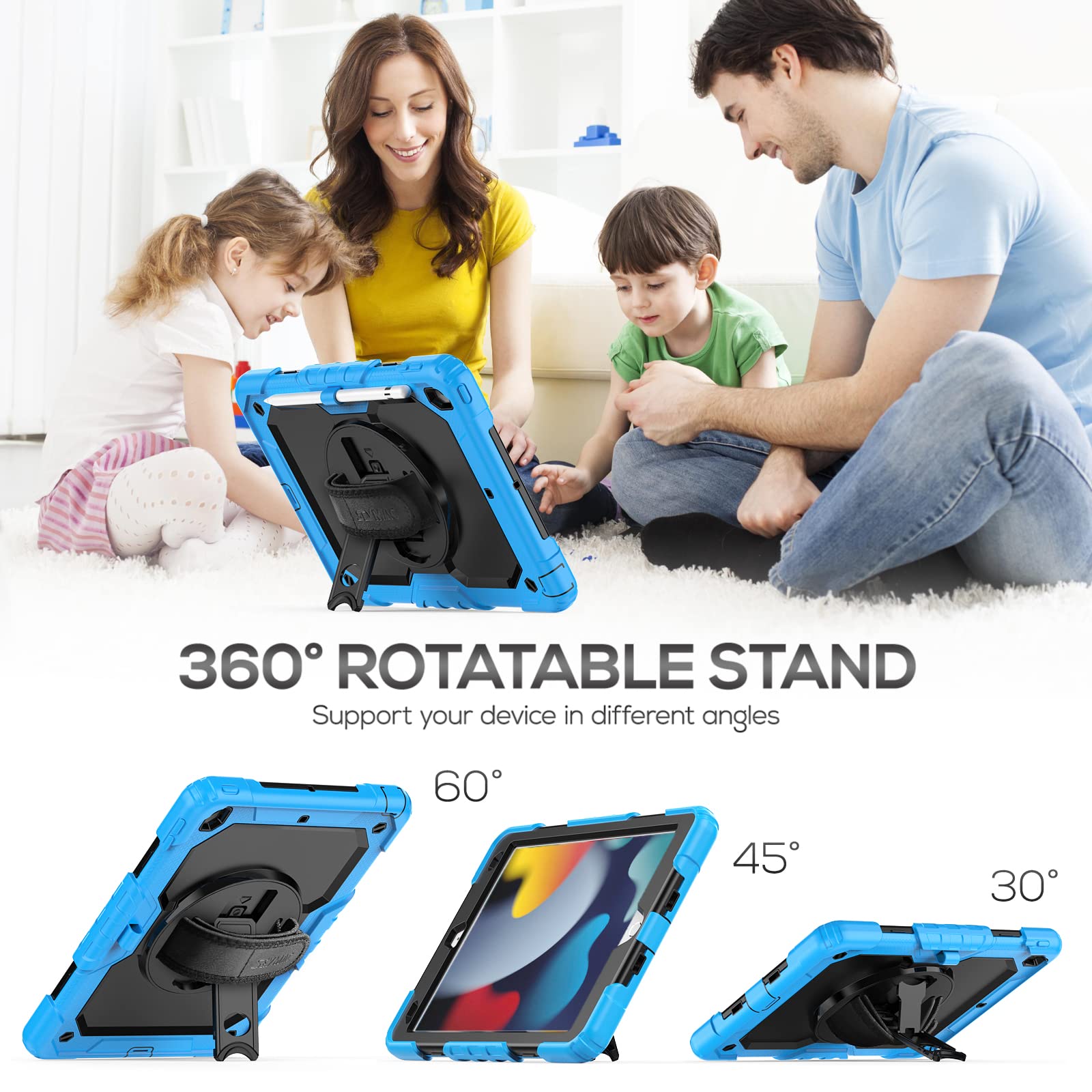 Seymac Kids Case For Ipad 9Th/ 8Th/ 7Th Generation 10.2' 2021 2019, Heavy Duty Protective Shockproof Case With Screen Protector, Rotating Stand/Handle/Shoulder Strap For Ipad 10.2, Light Blue