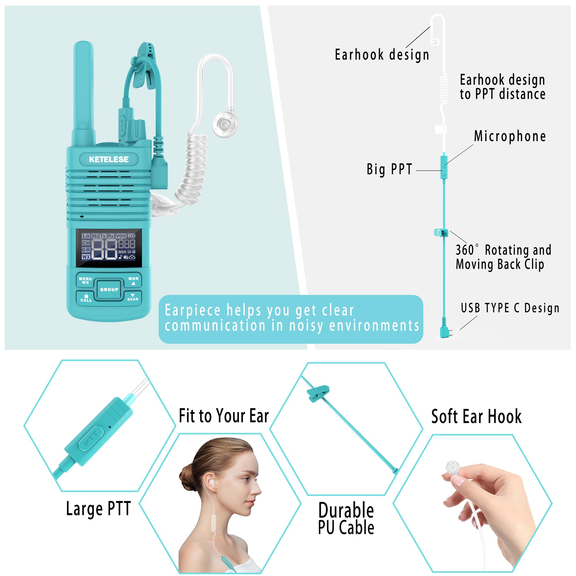 Ketelese Walkie Talkies Long Range With Acoustic Tube Earpiece, Portable Usb Type C Frs Two Way Radios, Rechargeable Walky Talky