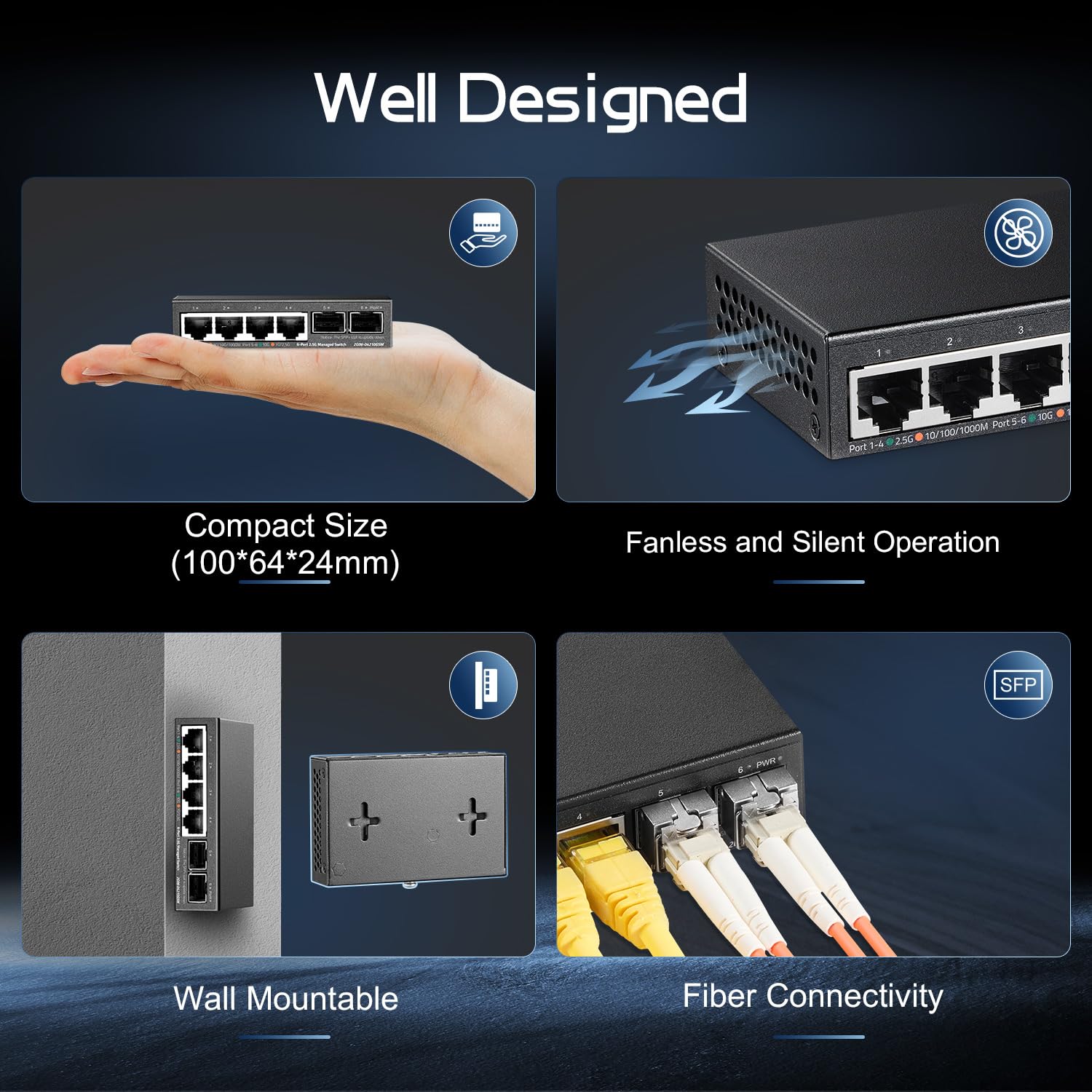 Binardat Metal 4 Port 2.5G Managed Switch With 2X10G Sfp, Ultra Mini Size, Vlan Support, Desktop/Wallmount Network Switch