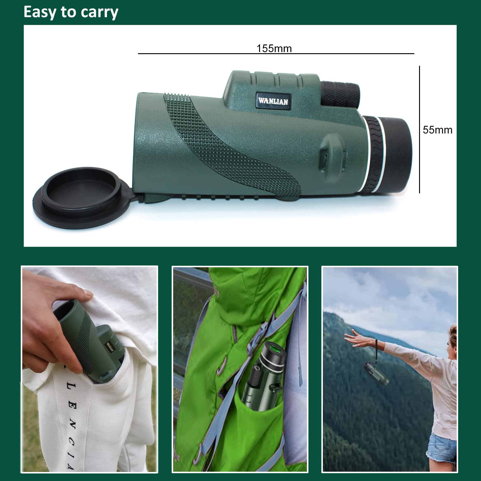 40X60 Monocular Telescope High Power Low Light Vision   For Adults With Smartphone Holder For Stargazing Bird Watching Hunting H