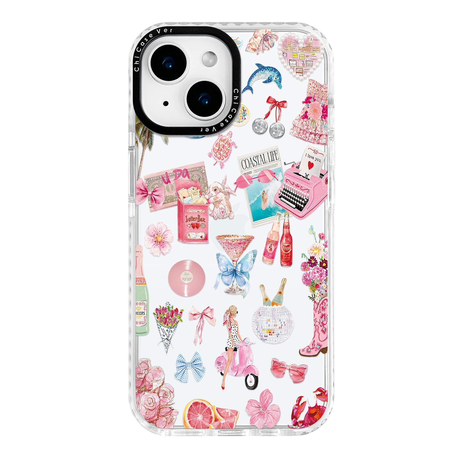 ChiCaseVer for iPhone 15 Case, Coastal Romance Collage Pattern with Pink Motifs, Military-Grade Drop Protection, Trendy Glamorou