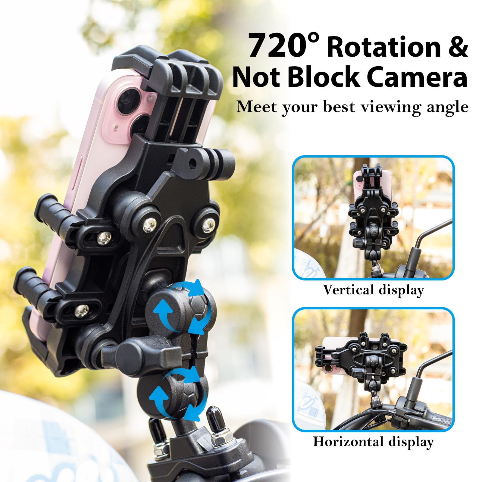 Emerk Motorcycle Phone Mount Holder - [Dual Vibration Dampener] [Anti-Shake Anti-Theft] Bike Phone Holder, Adjustable Handlebar