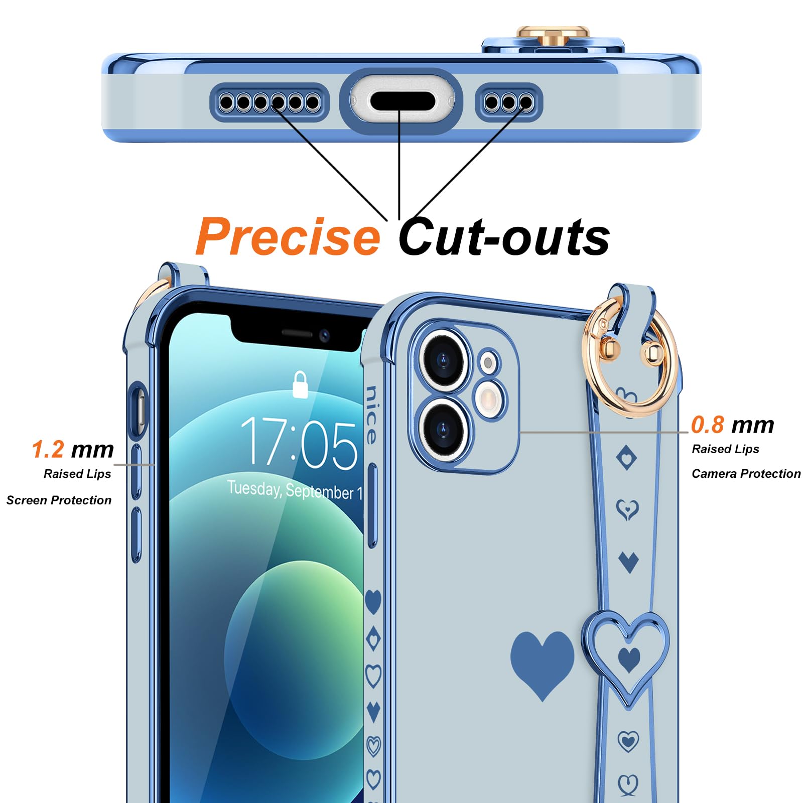 Llz.Coque For Iphone 11 Case Cute Love Heart Plating Strap Phone Cover For Women Girls Bling Soft Silicone Camera Lens Protectio