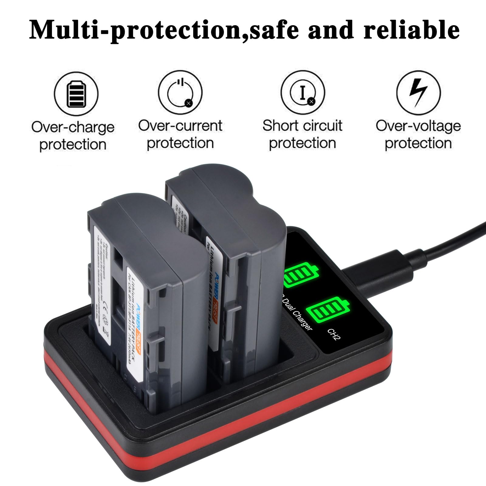 Powertrust 2 Pack Bp 511 Bp511A Battery And Lcd Usb Dual Charger For Canon Eos 40D 300D 5D 20D 30D 50D