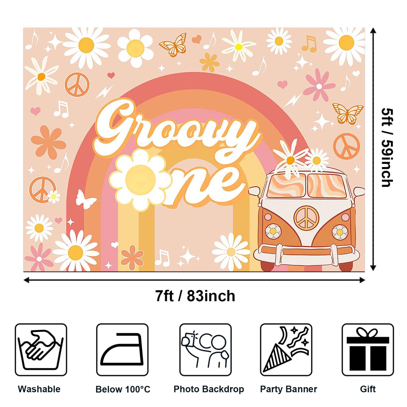 Avezano Groovy One Happy Birthday Backdrop Daisy Floral Girls 1St Birthday Party Decorations For Newborn Boho Rainbow Bus First