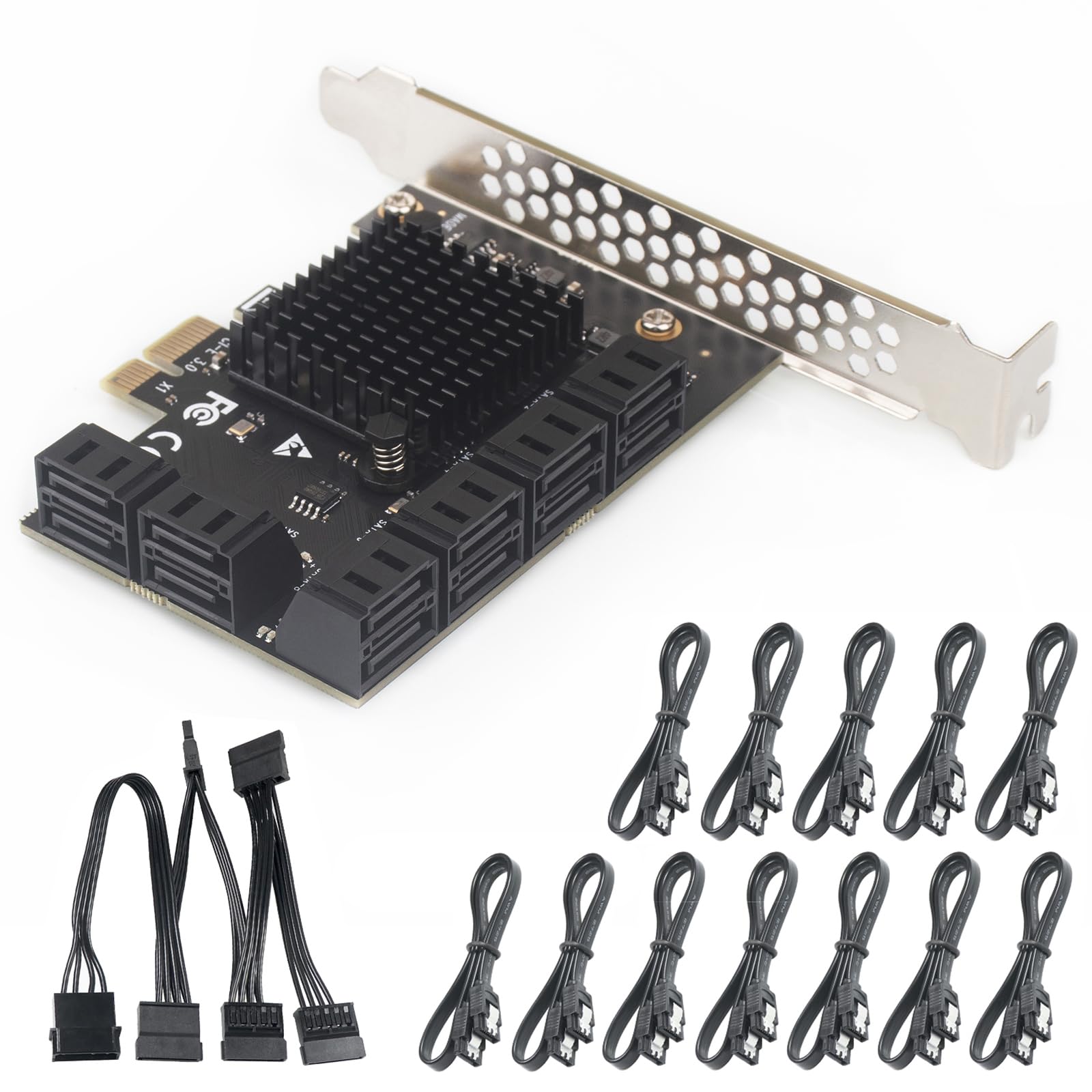 12 Port Pcie Sata Expansion Card With Sata Cables And 1:5 Sata Splitter Power Cable   Compatible With Windows, Linux, Mac Os, Na