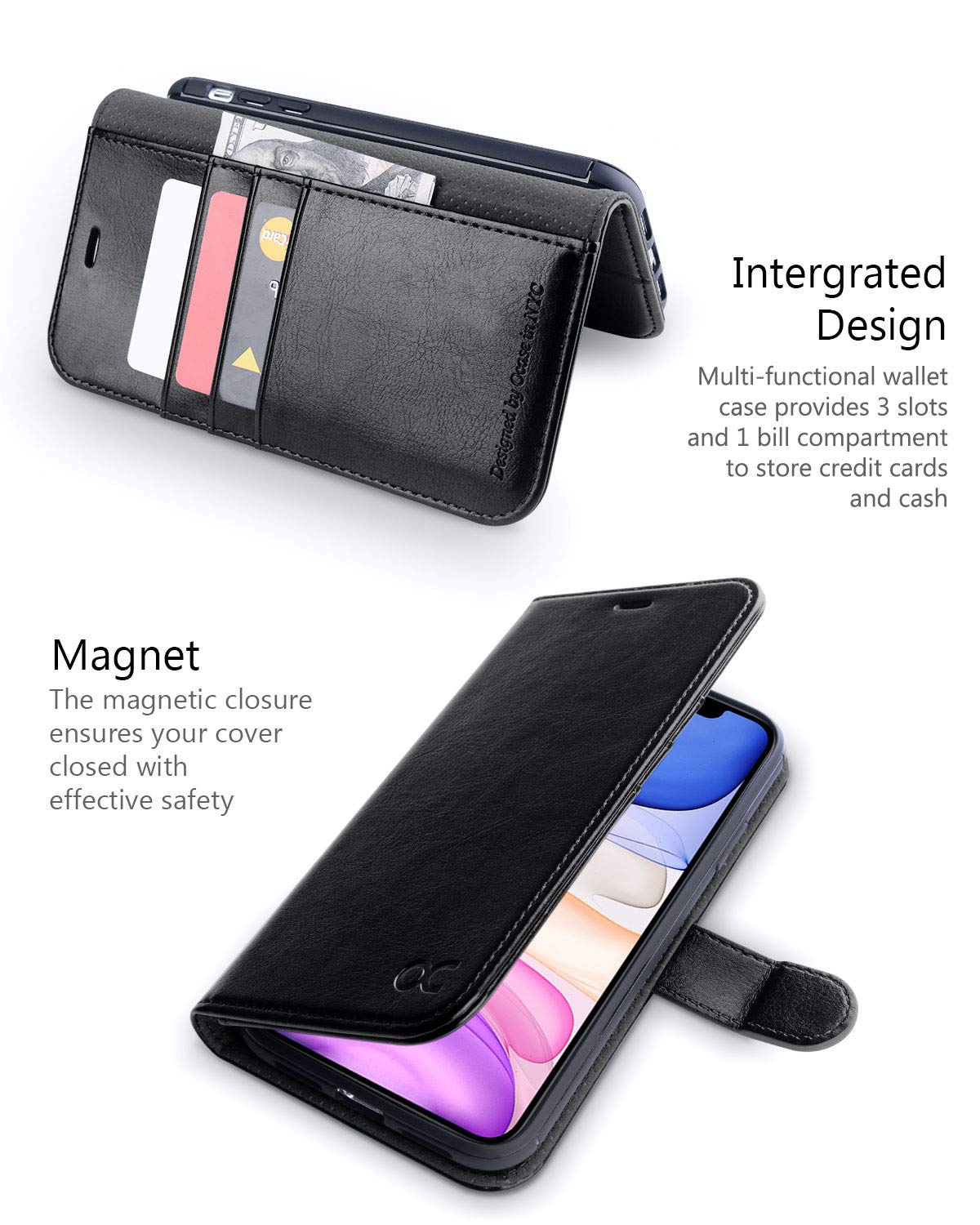 Ocase Iphone 11 Cellular Phone Case, Pu Leather Flip Case With Card Holder, Magnetic Closure, Tpu Shockproof Interior For 6.1 In