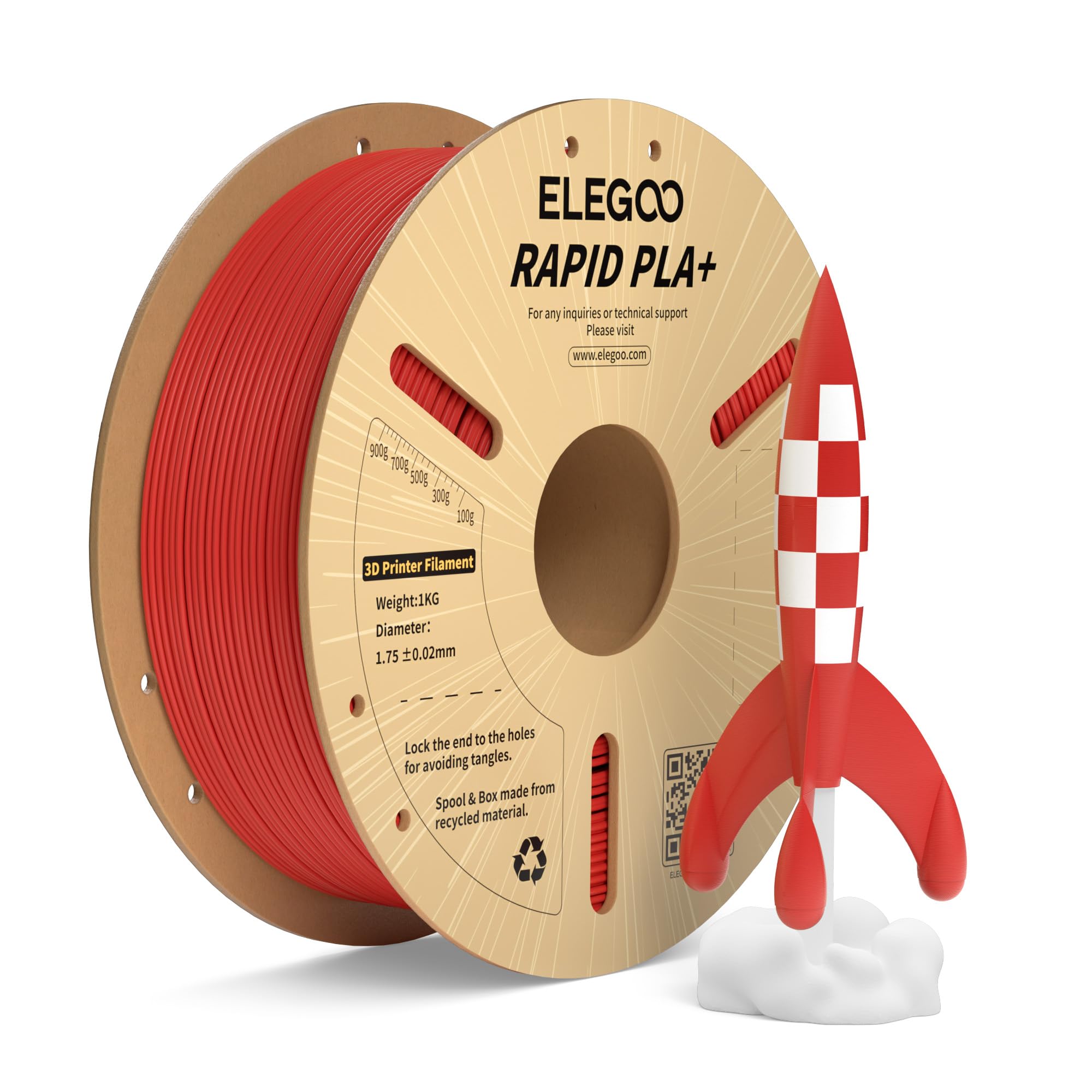 ELEGOO Rapid PLA Plus Filament 1.75mm Red 1KG, PLA+ 3D Printer Filament for 600 mm/s High Speed Printing, Dimensional Accuracy +