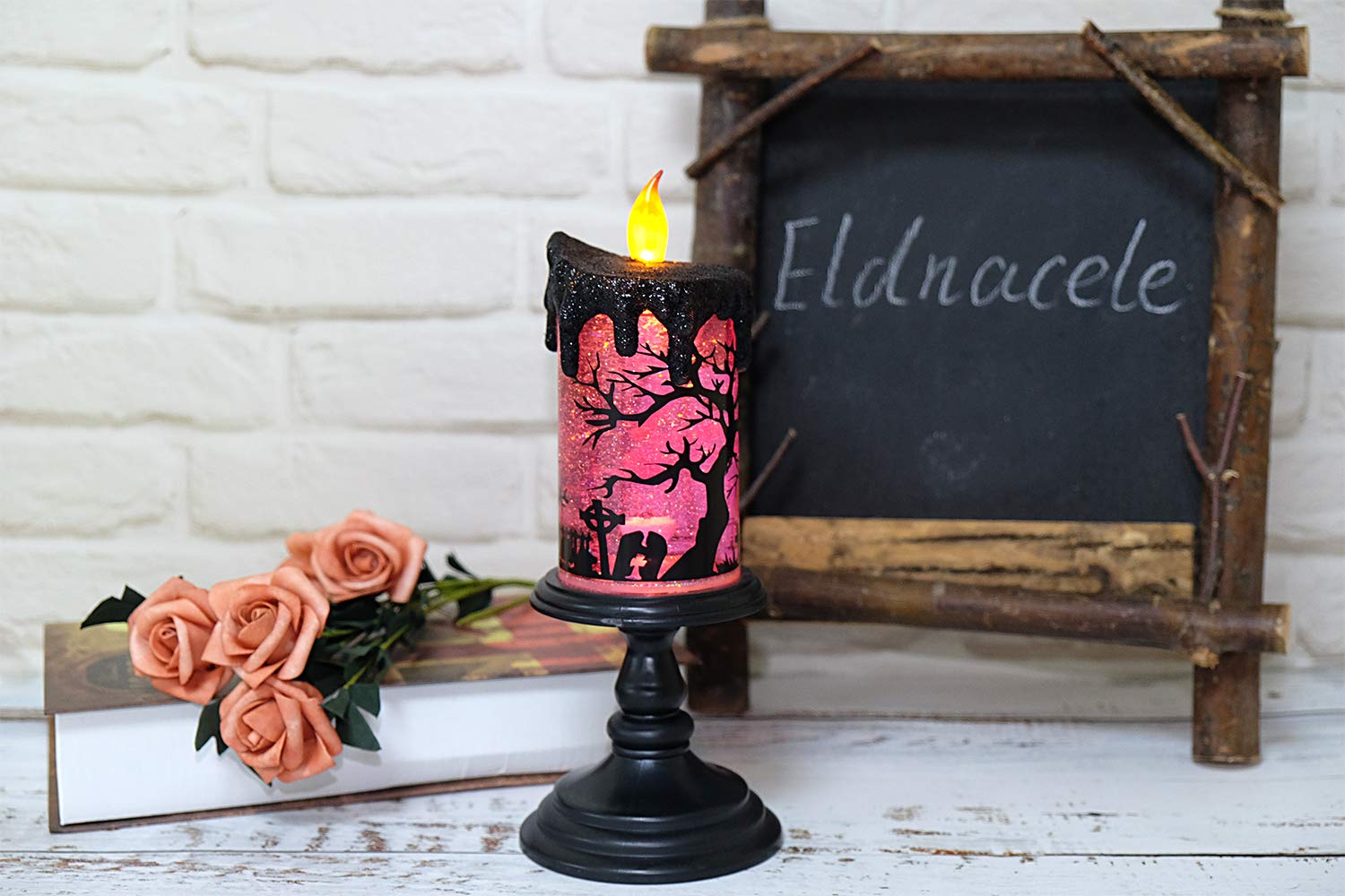 Eldnacele Halloween Snow Globe Candles Lighted Lamp, Battery Operated Spinning Water Glittering Tornado Flameless Candles Table