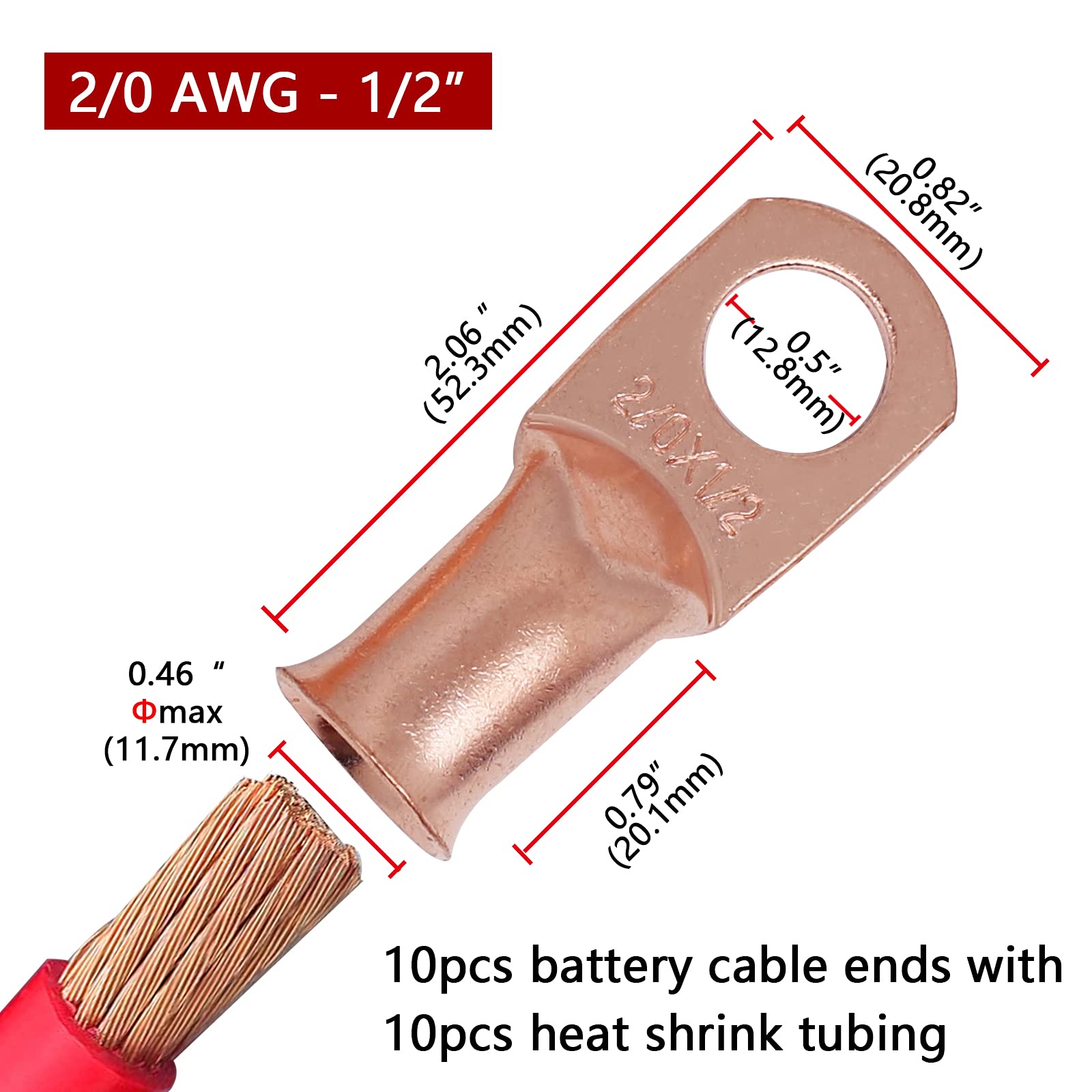 Tkdmr 10Pcs 2/0 Awg 1/2'' Battery Lugs,With 10Pcs 3:1 Heat Shrink Tubing,Battery Cable Ends,Heavy Duty Copper Wire Lugs,Tubular
