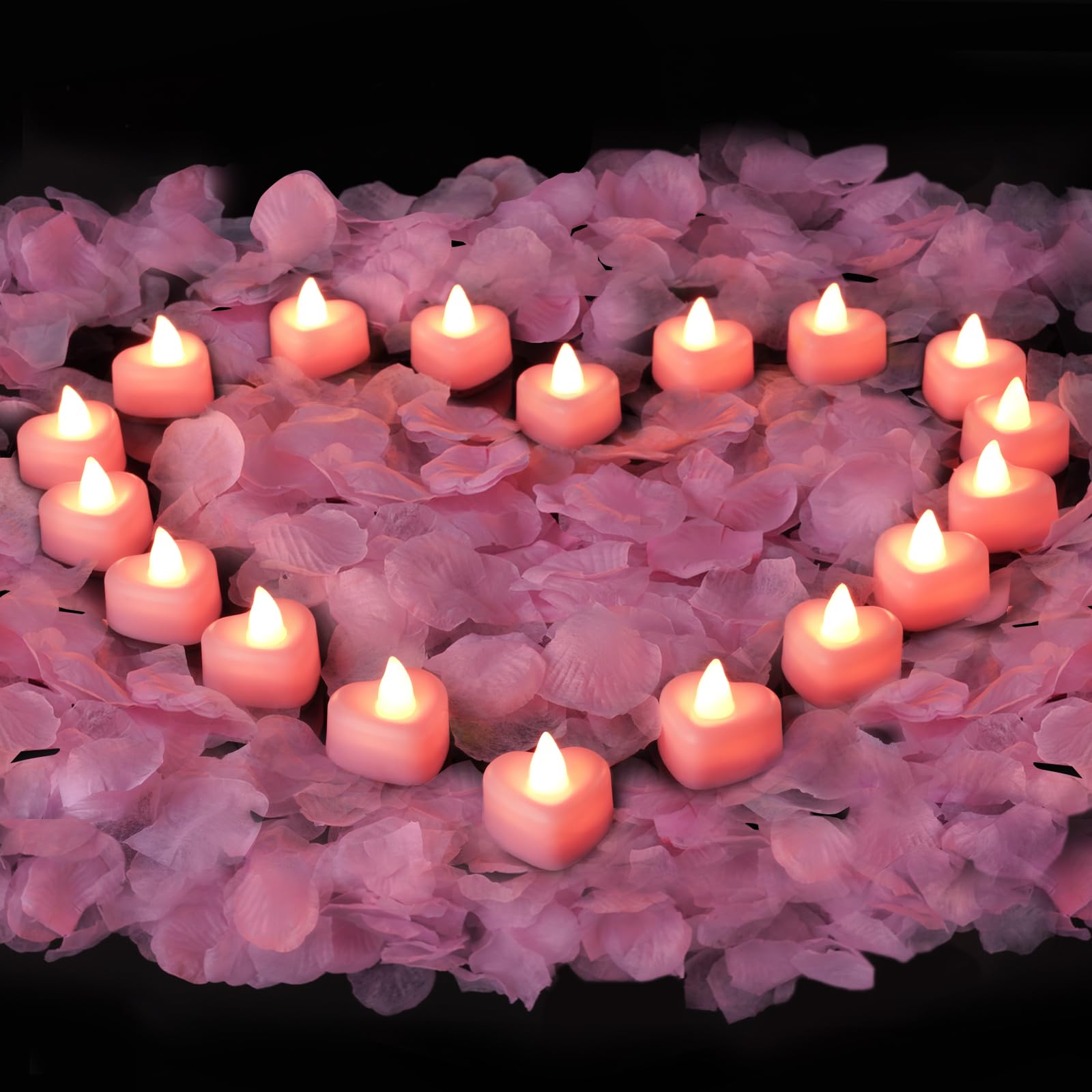 Amagic 2000 Pieces Pink Artificial Rose Petals With 24 Pink Heart Led Tea Lights, Rose Petals And Candles Set For Proposal, Anni