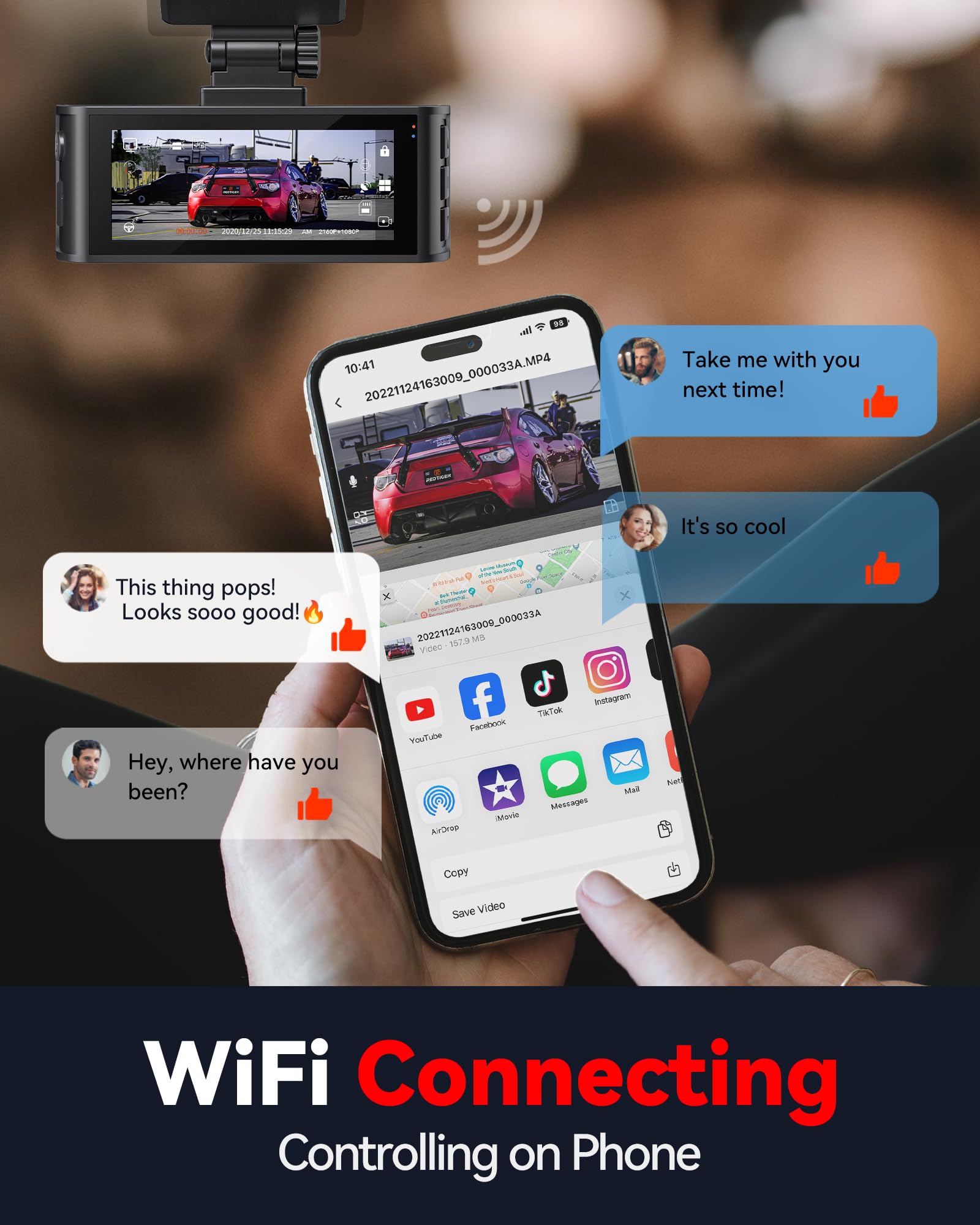 Redtiger F7N 4K Dual Dash Cam With 64Gb Card, Built In Wifi Gps Front 4K/2.5K And Rear 1080P Dual Dash Camera For Cars,3.18 Inch