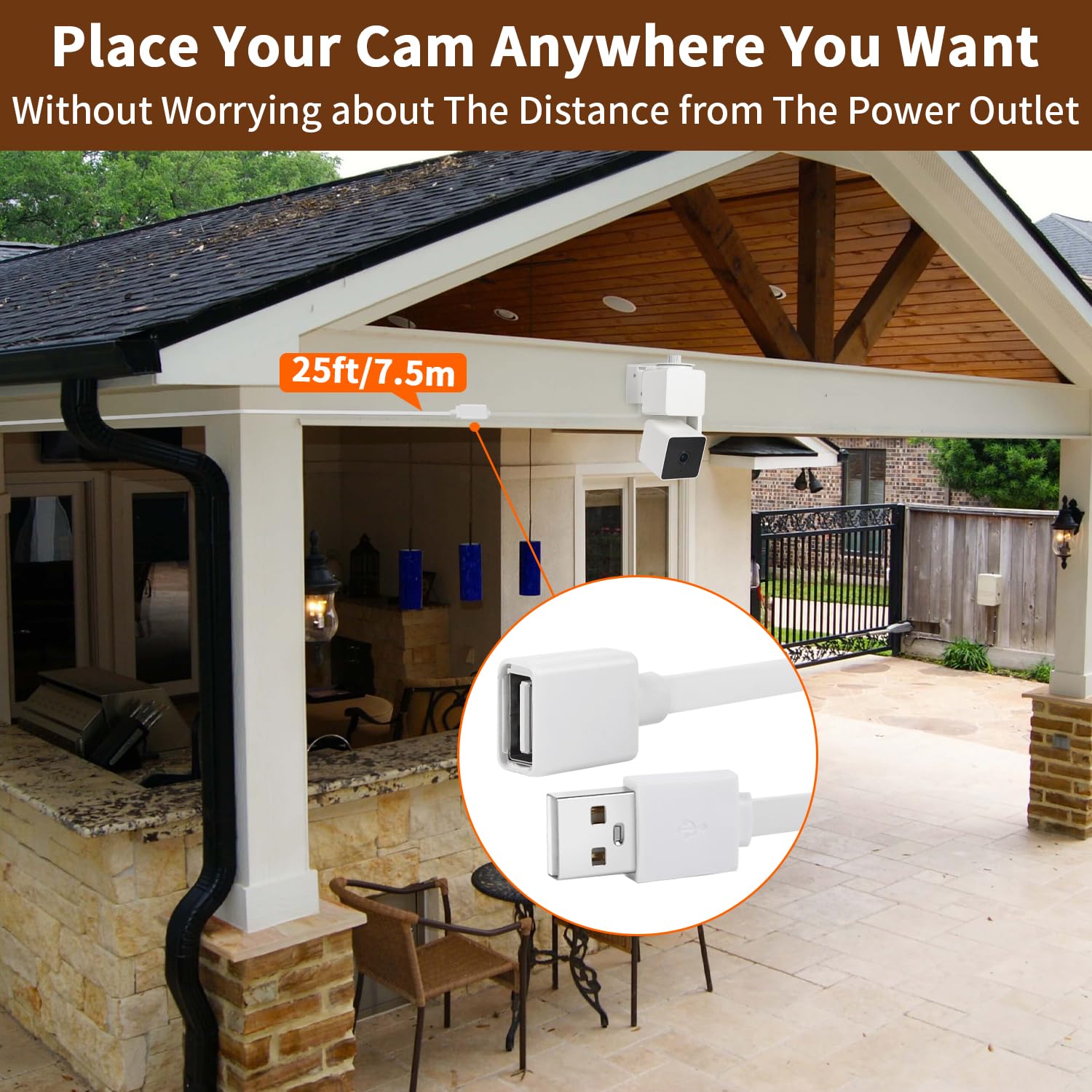 2Pack 25Ft/7.5M Usb Extension Cable Compatible With Wyze Cam Pan V3/V3 Pro/V2, Wyze Cam V4/V3, Wyze Cam Og, Wyze Cam V2, Waterpr