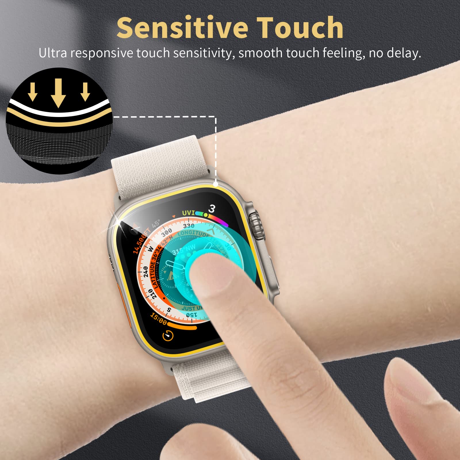 Ewuonu 2 Pack Screen Protector For Apple Watch Ultra 49Mm, Tempered Glass Screen Protector(Aluminium Alloy Edge) Anti Scratch Bubble Free Film For Iwatch Ultra 49Mm Accessories(Yellow/Titanium)