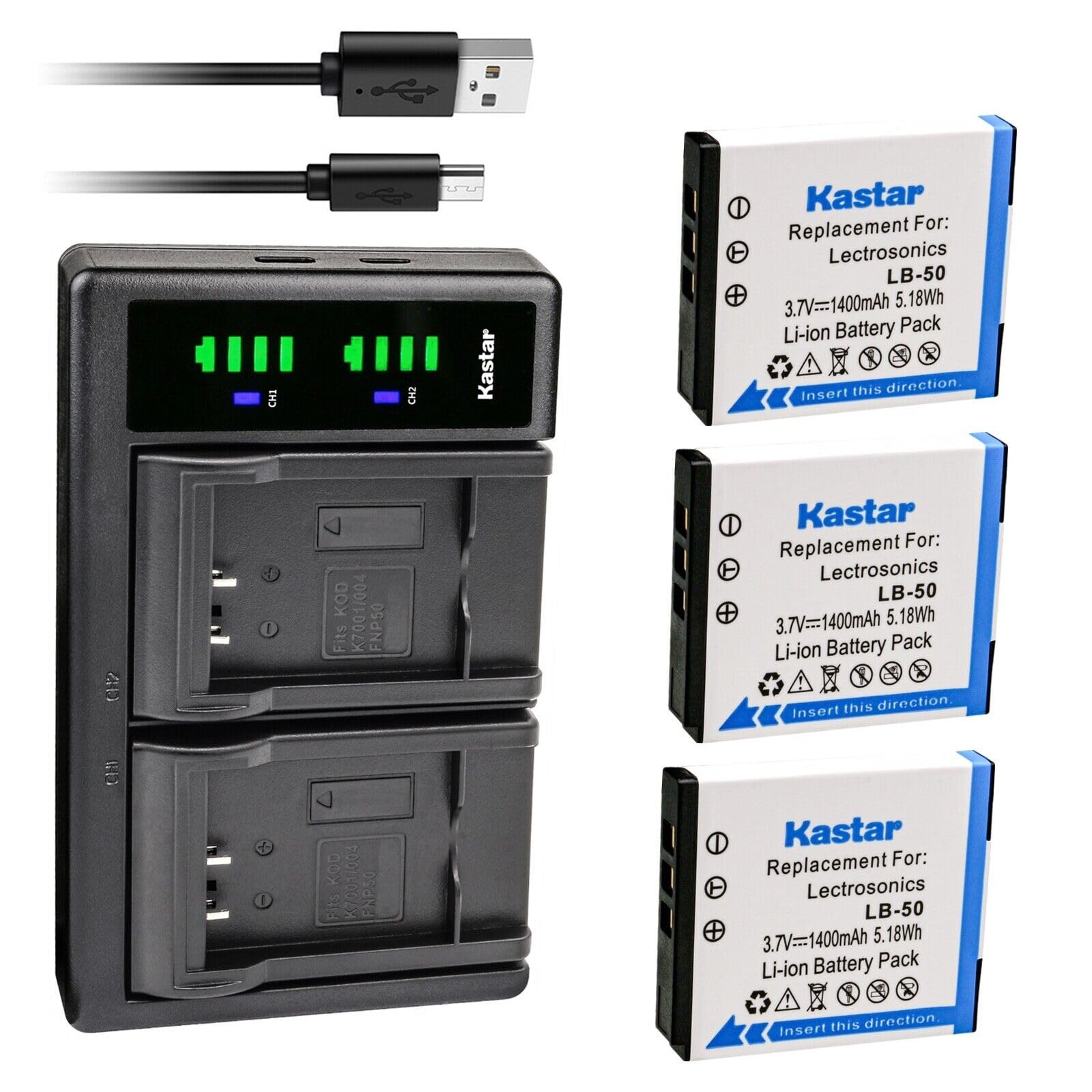 Kastar 3-Pack Battery and LTD2 USB Charger Compatible with Lectrosonics LB-50 Battery, Lectrosonics 40117, Lectrosonics SSM Tran