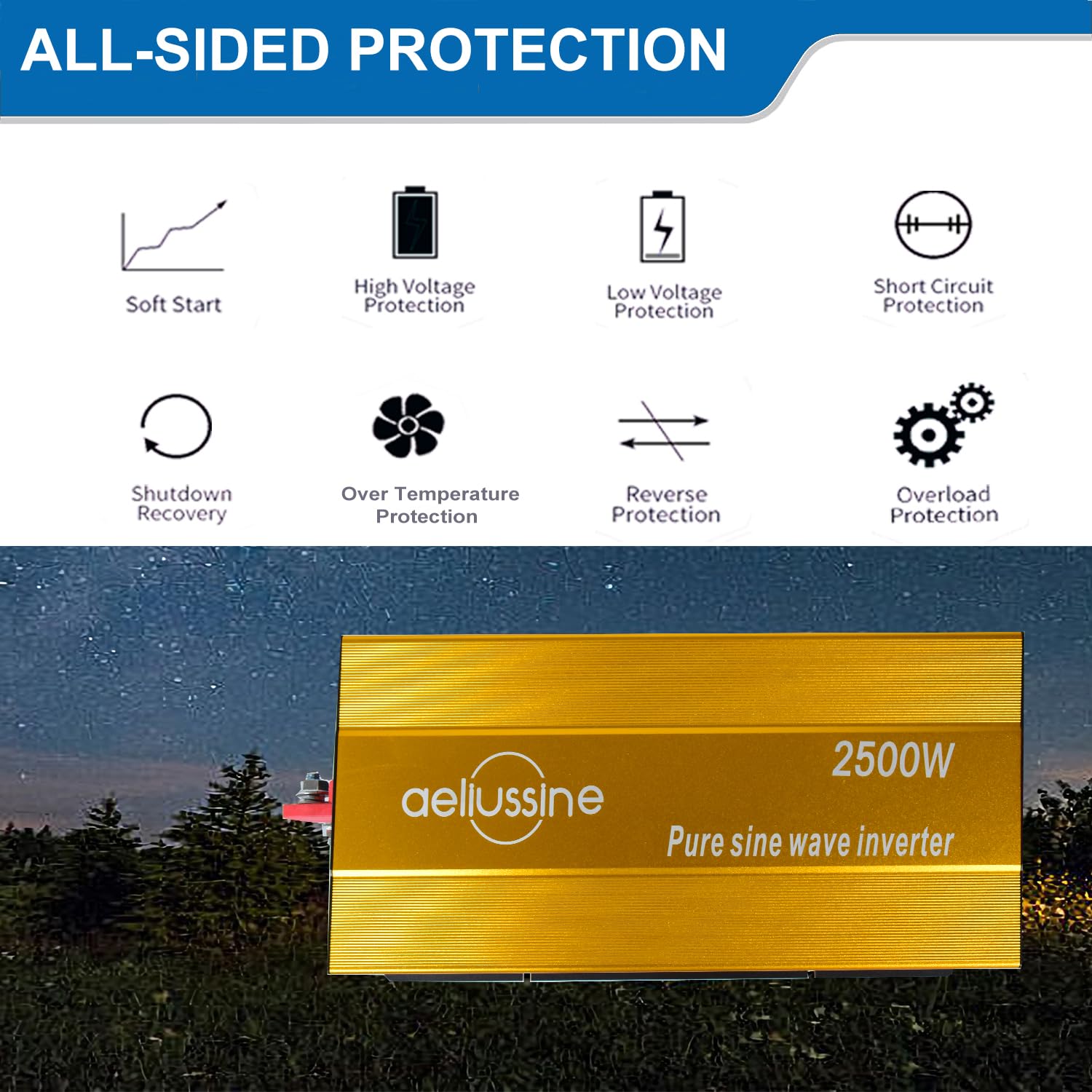 Aeliussine 2500W Pure Sine Wave Inverter-12V Dc To 110V 120V Ac Power Converter With 2 Ac Outlets, 12 Volt Power Inverter For Tr