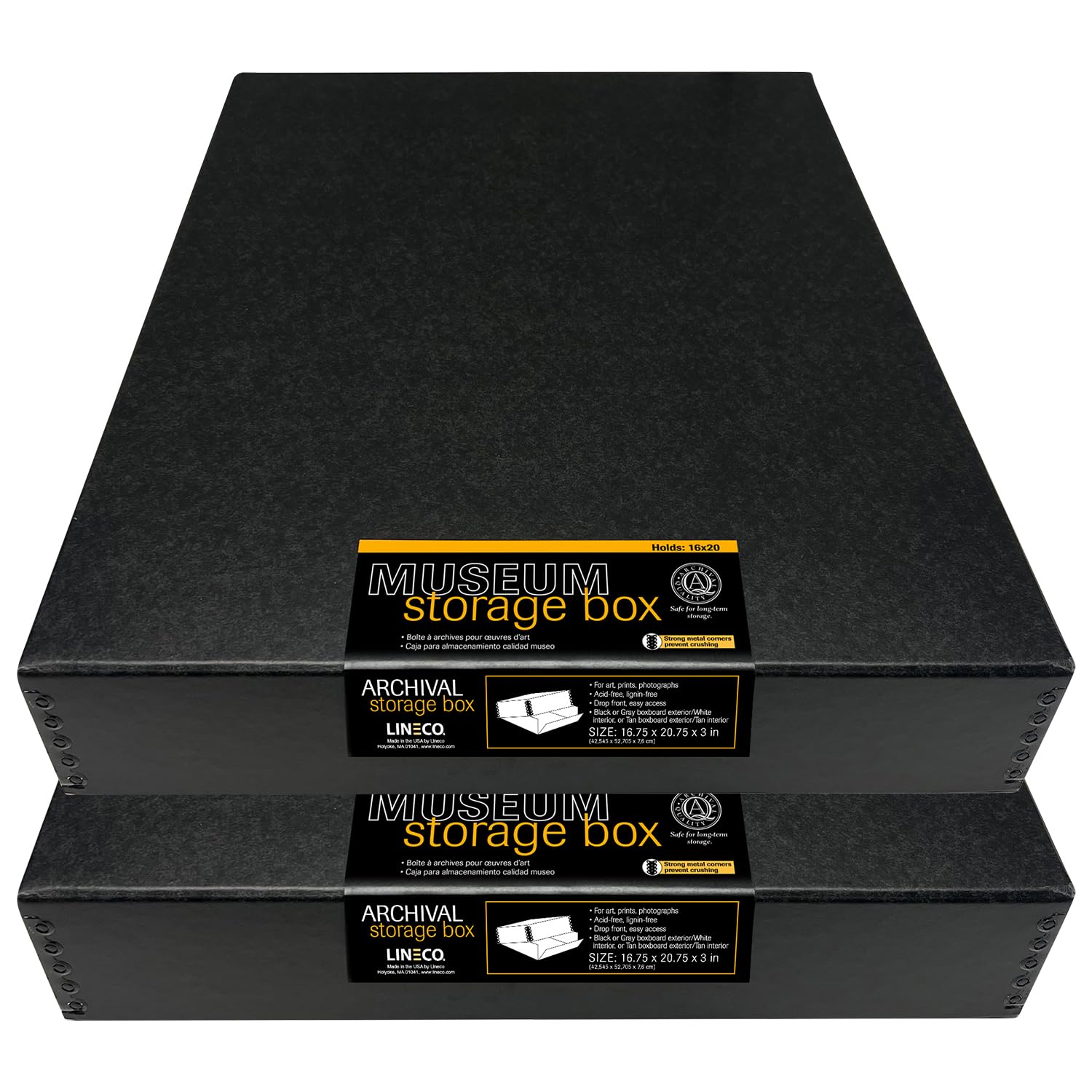Lineco Museum Archival Storage Box, 16.75X20.75X3 In. Drop Front Design. Acid Free With Metal Edge. Organize Photos, Pictures, Prints, Documents, Crafts, Diy. Black, 2 Pack