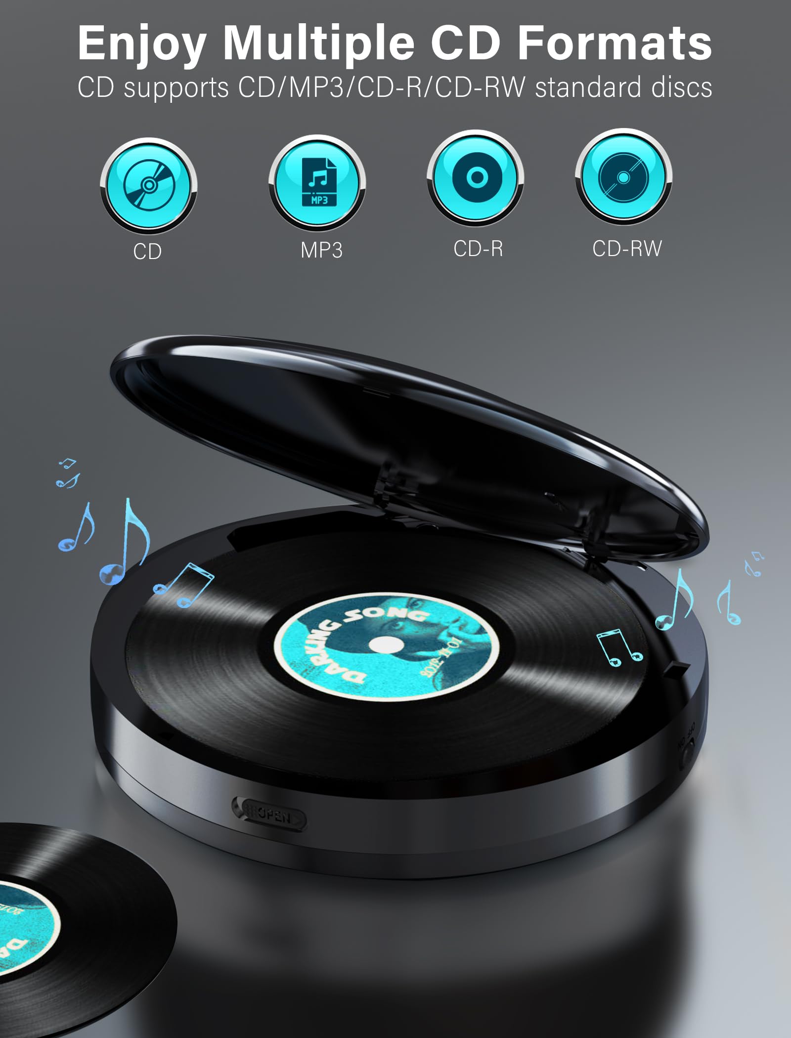 2000Mah Rechargeable Discman Cd Player:Walkman Cd Player With Bluetooth Fm Transmitter,Headphones,Lcd Screen,Aux,Built In Speaker,Usb Portable Personal Cd Player Anti Skip Protection For Car