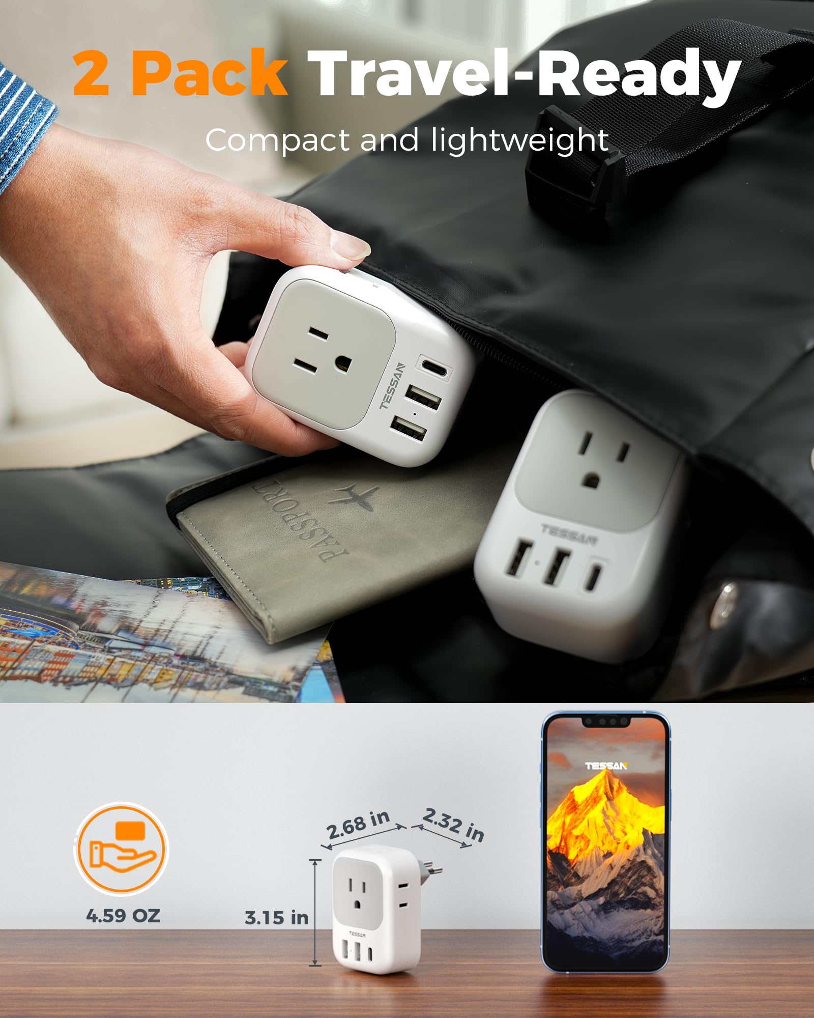 Tessan Brazil Plug Adapter 2 Packs, 7 In 1 Us To Brazil Power Adapter With 3 Usb Ports (1 Usb C Port) 4 American Outlets, Type N