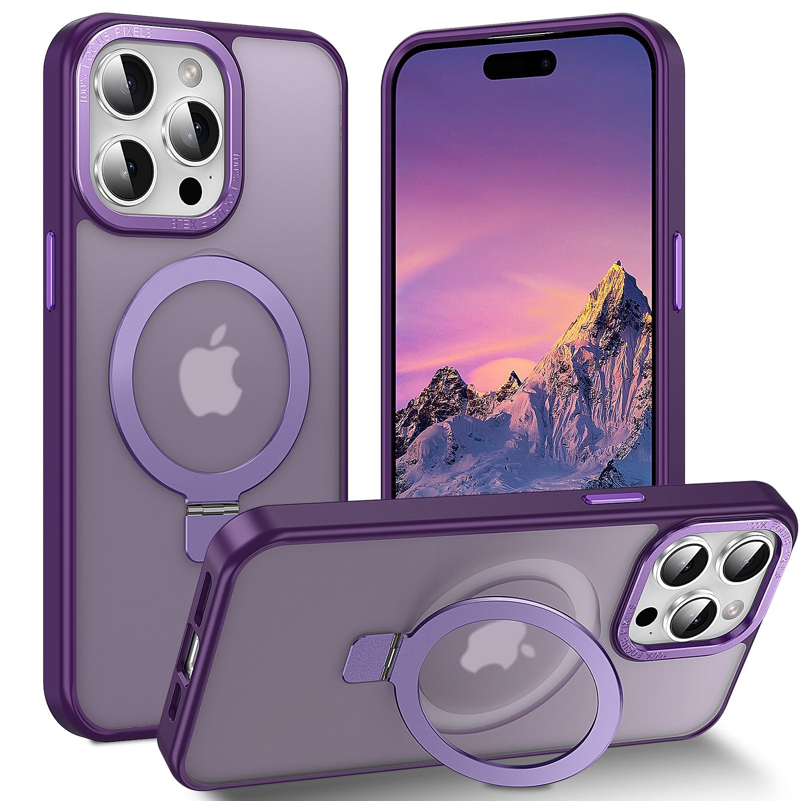 Lufanbis Magnetic For Iphone 15 Pro Max Case With Ring Stand, [10 Ft Drop Protection] [Velvety Touch] Slim Translucent Matte Bac