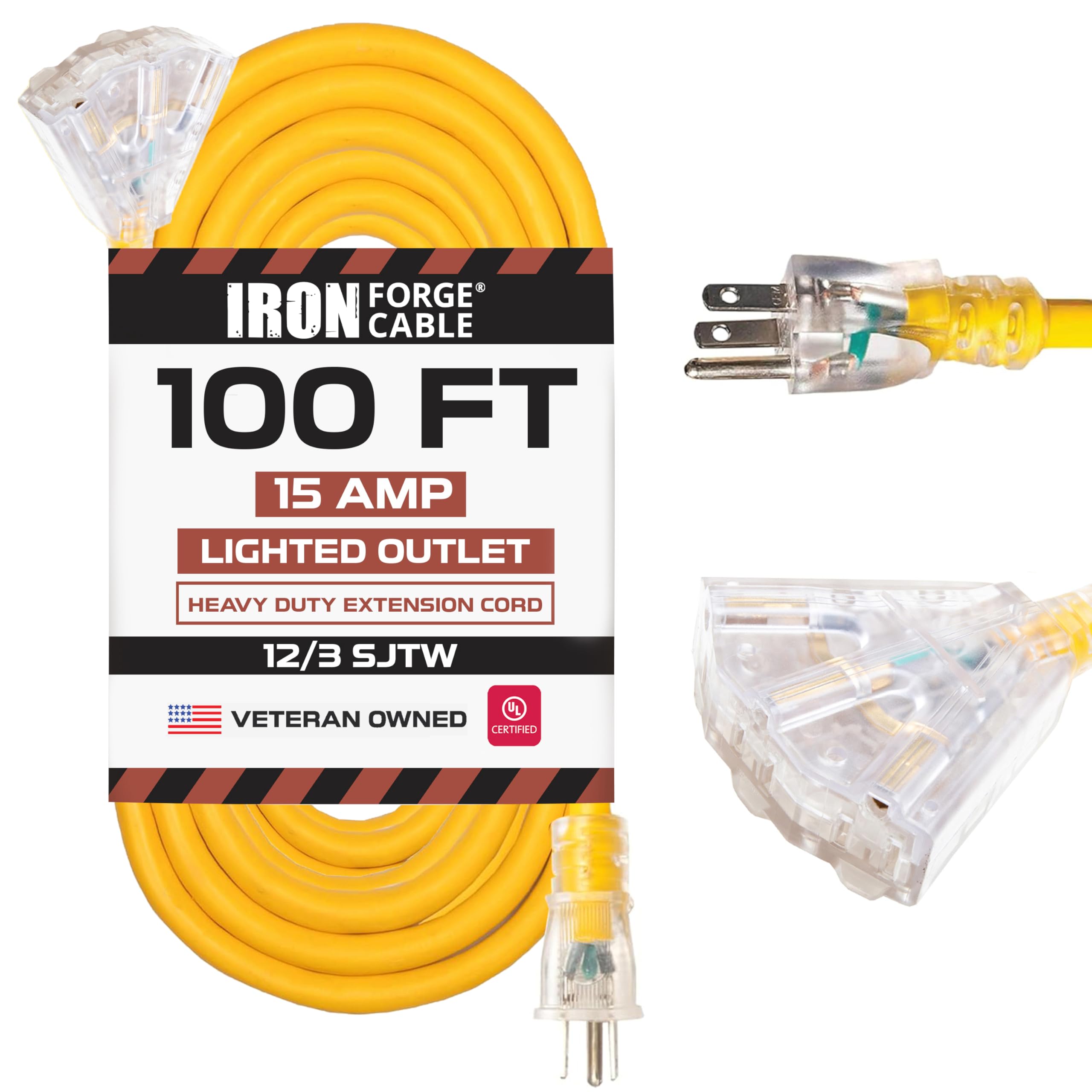 Iron Forge Cable 100Ft Outdoor Extension Cord, Lighted With 3 Electrical Power Outlets   12/3 Gauge Sjtw Heavy Duty Extension Ca