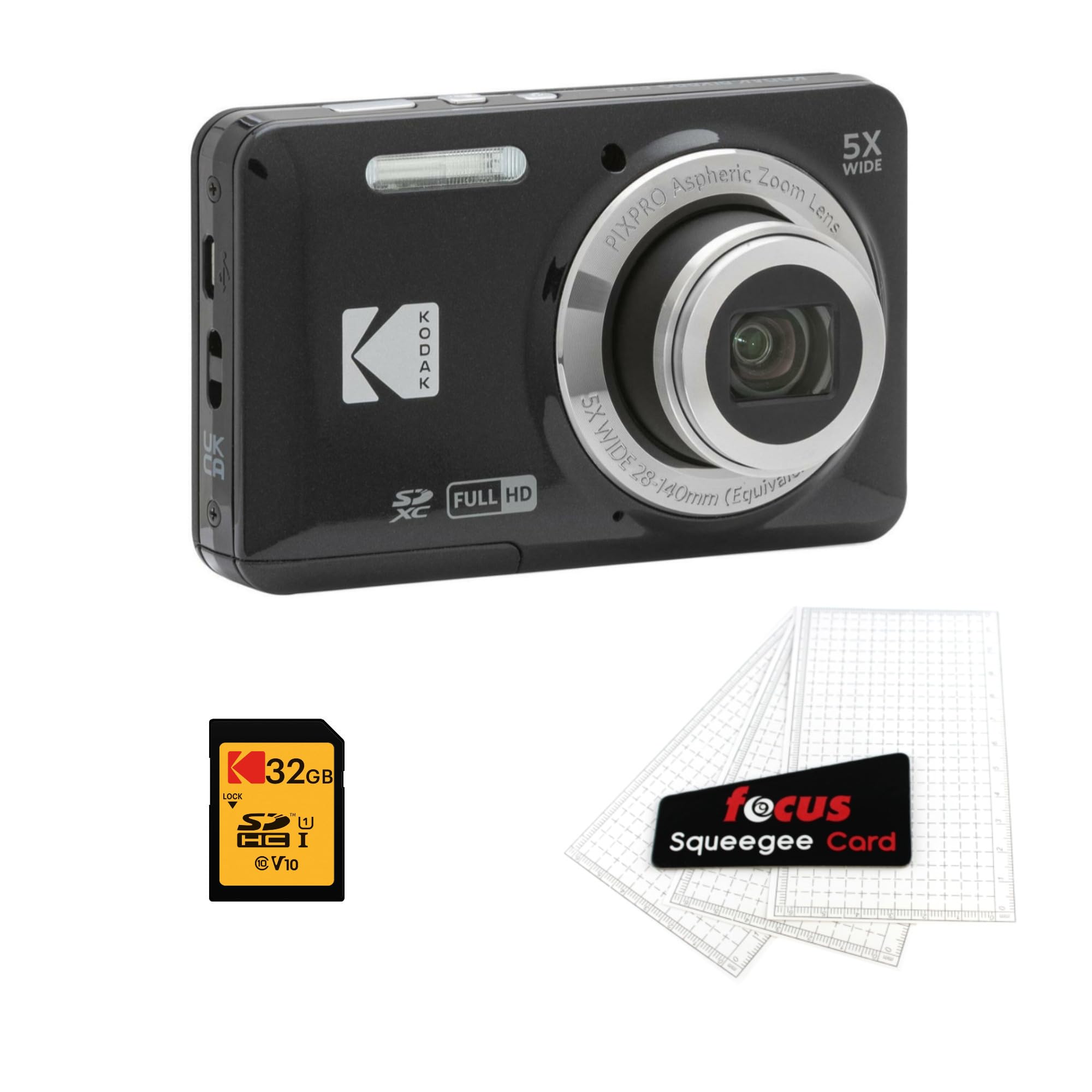 Kodak PIXPRO Friendly Zoom FZ55 Digital Camera (Black) Bundle with 32GB Memory Card and Digital Camera LCD Screen Protectors (3 