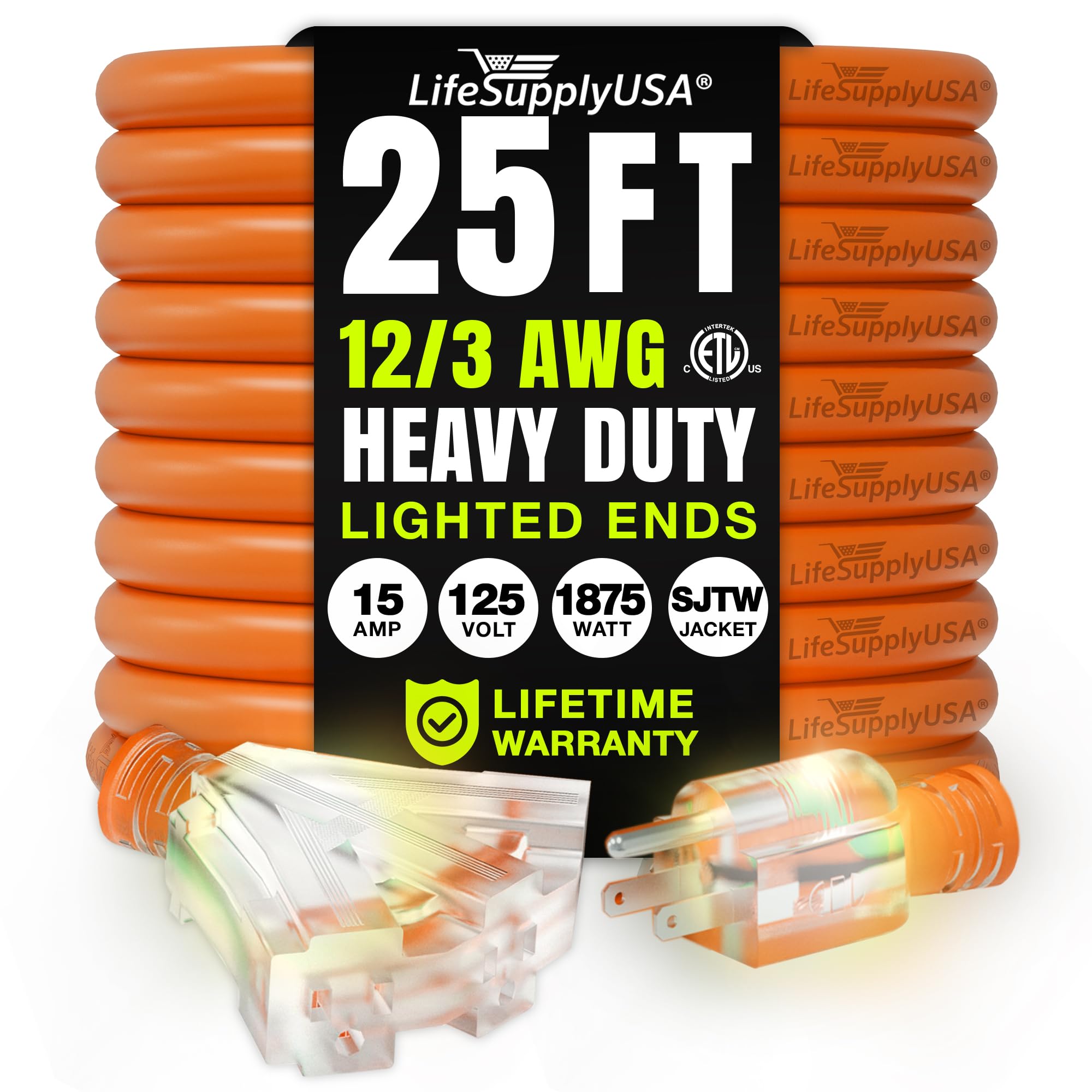 25Ft Power Outdoor Extension Cord & Indoor   Waterproof Electric Drop Cord Cable   3 Prong, 3 Outlet, Sjtw, 12 Gauge, 15 Amp, 12