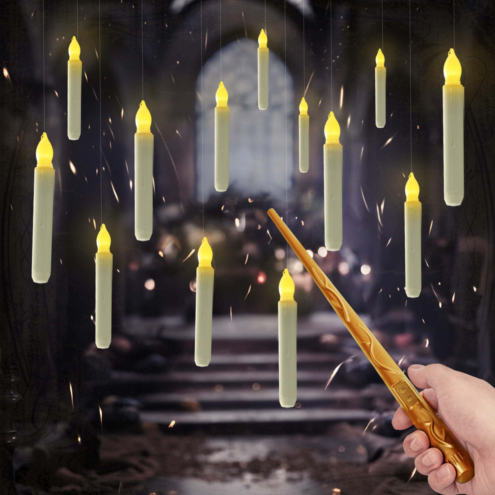 Homemory Floating Candles With Wand Remote, 12 Pcs Magical Floating Candles Witch Decors, Warm Yellow Flameless Taper Candles Ba