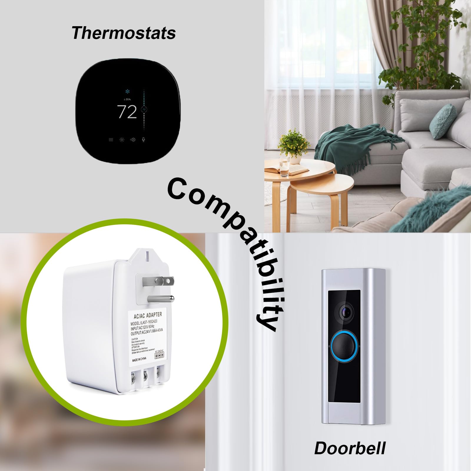 XZGm 24V 40VA Doorbell Transformer - Wireless White, Compatible with Nest, Ecobee, Sensi, Honeywell, All Versions of Ring Thermostat